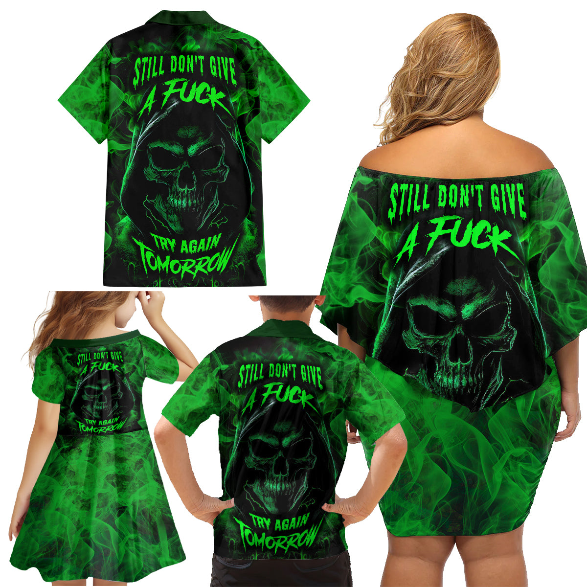 Skull Family Matching Off Shoulder Short Dress and Hawaiian Shirt Try Again Tomorrow - Wonder Print Shop