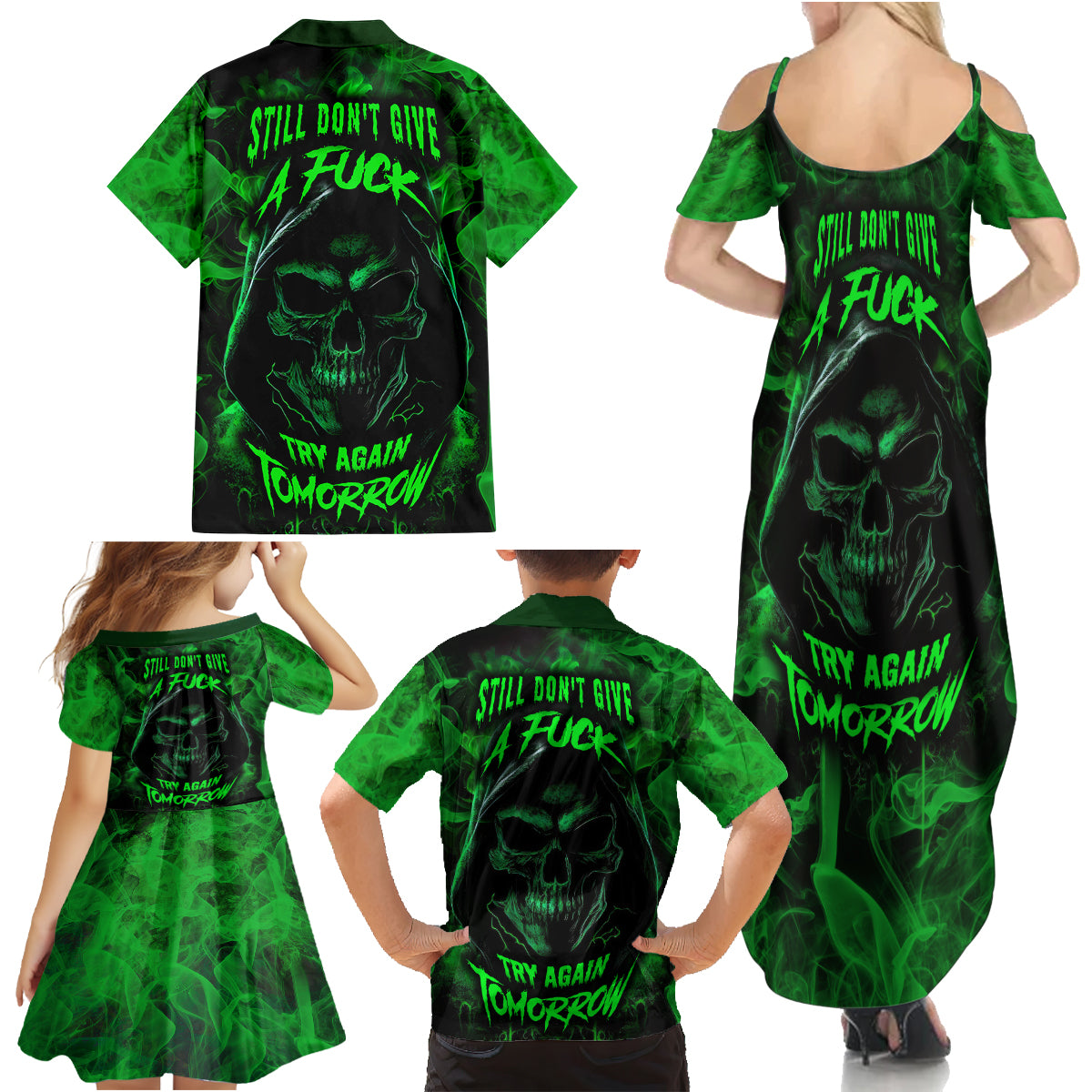 Skull Family Matching Summer Maxi Dress and Hawaiian Shirt Try Again Tomorrow - Wonder Print Shop