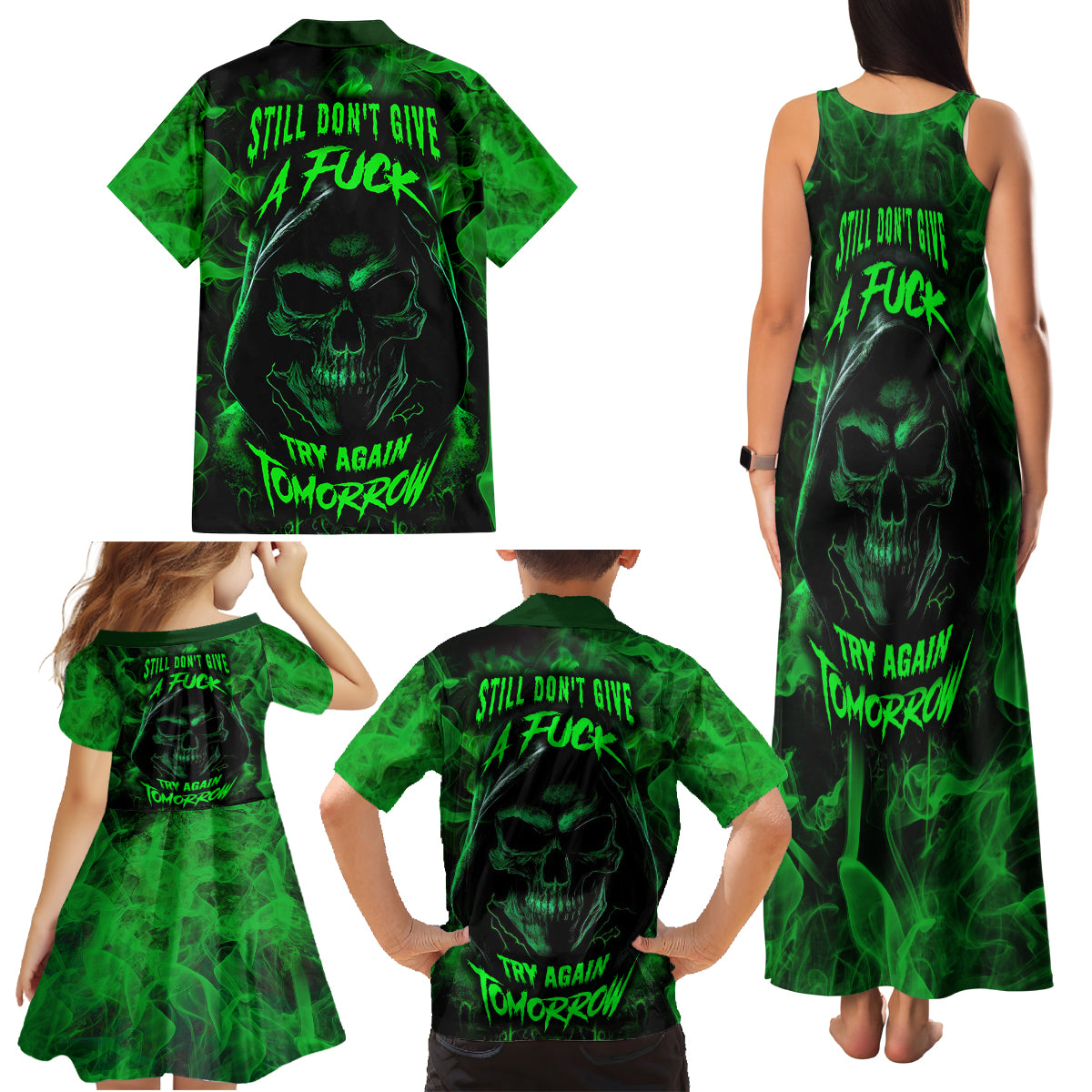 Skull Family Matching Tank Maxi Dress and Hawaiian Shirt Try Again Tomorrow - Wonder Print Shop