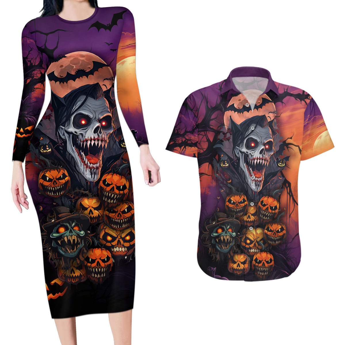Halloween Skull Couples Matching Long Sleeve Bodycon Dress and Hawaiian Shirt Hello Darkness My Old Friend - Wonder Print Shop