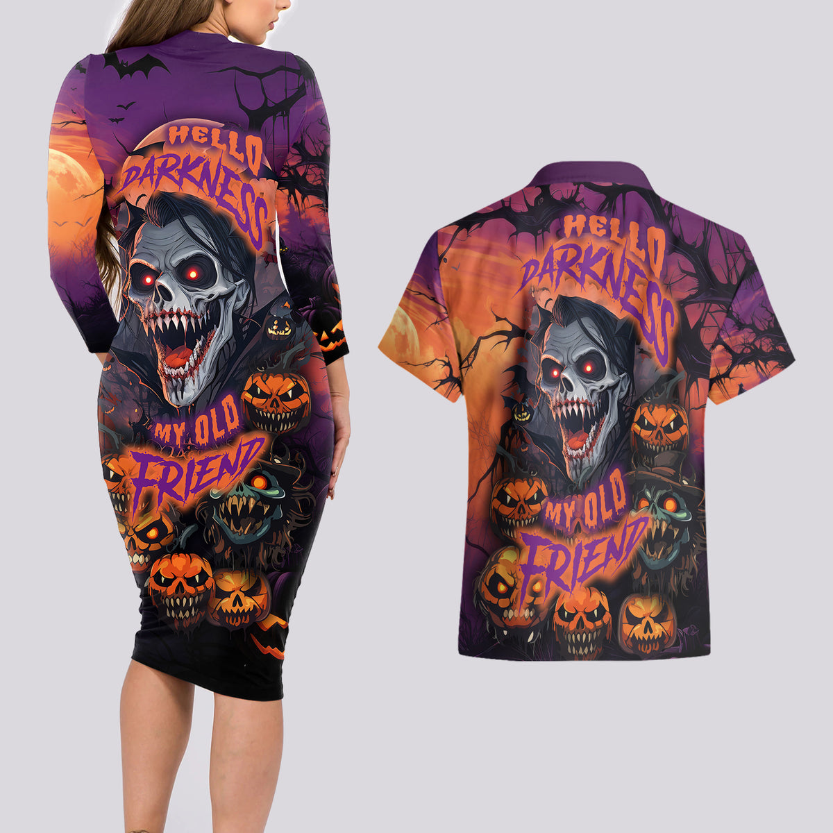 Halloween Skull Couples Matching Long Sleeve Bodycon Dress and Hawaiian Shirt Hello Darkness My Old Friend - Wonder Print Shop