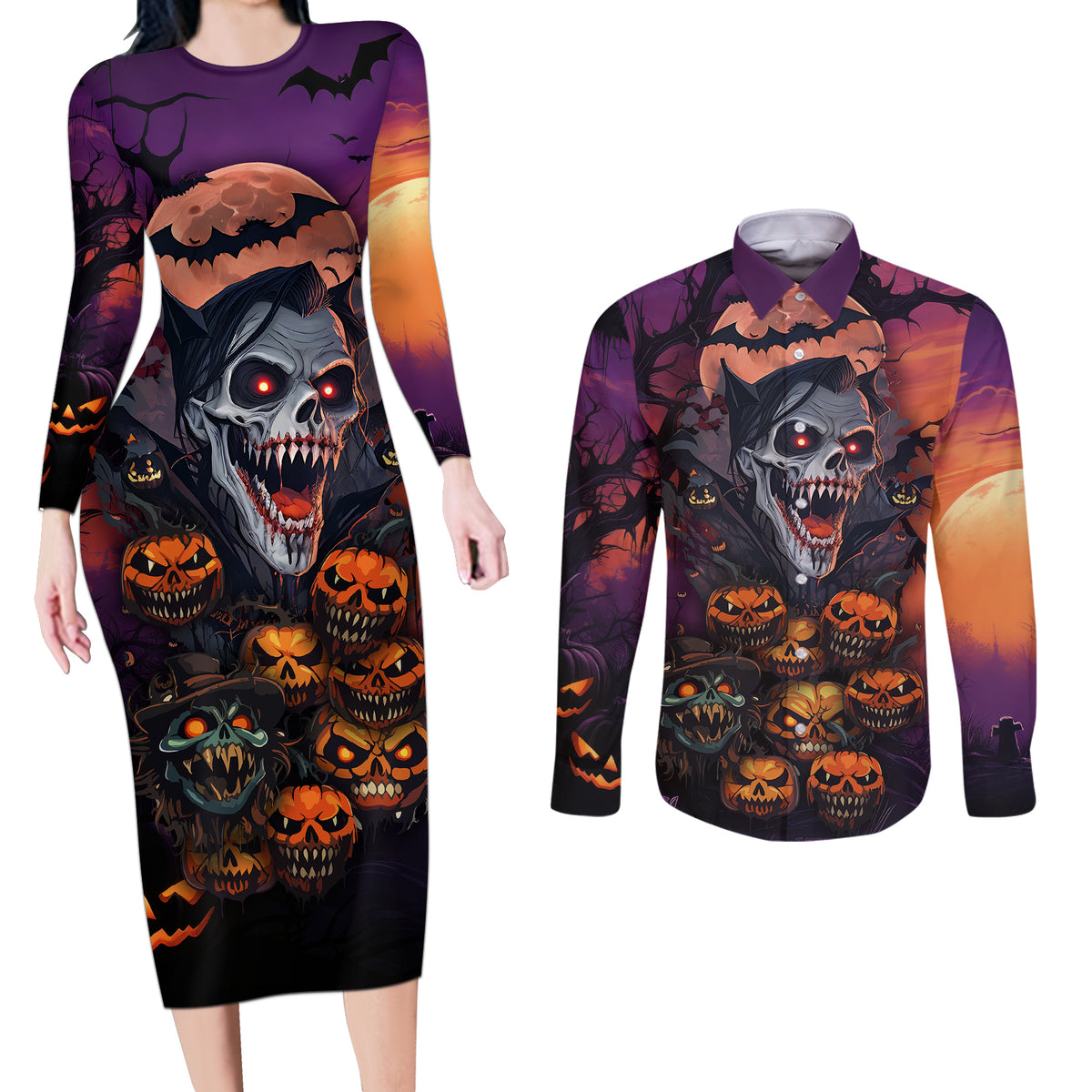 Halloween Skull Couples Matching Long Sleeve Bodycon Dress and Long Sleeve Button Shirts Hello Darkness My Old Friend - Wonder Print Shop