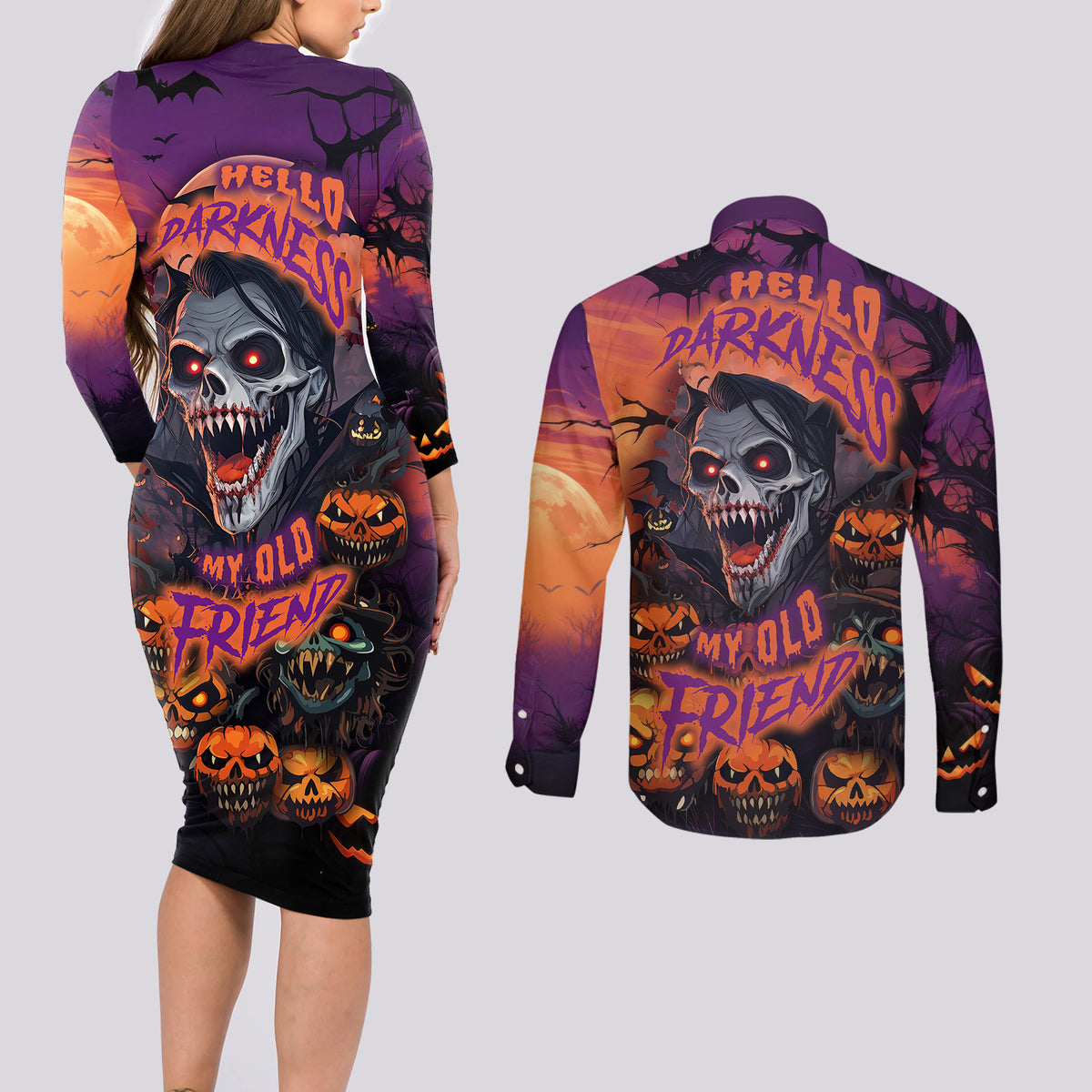 Halloween Skull Couples Matching Long Sleeve Bodycon Dress and Long Sleeve Button Shirts Hello Darkness My Old Friend - Wonder Print Shop