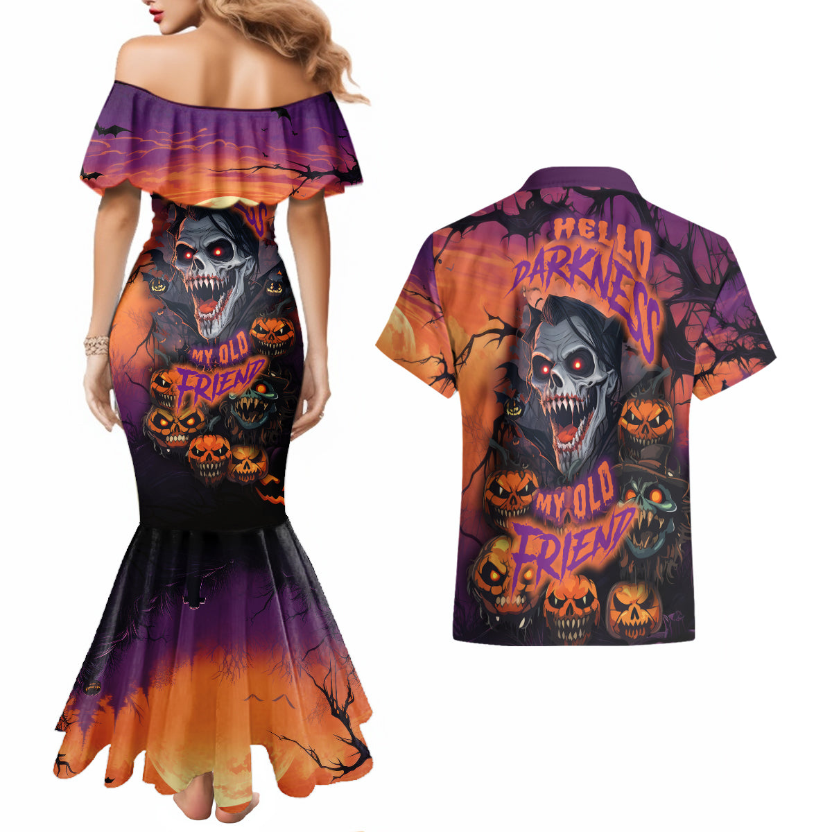 Halloween Skull Couples Matching Mermaid Dress and Hawaiian Shirt Hello Darkness My Old Friend - Wonder Print Shop