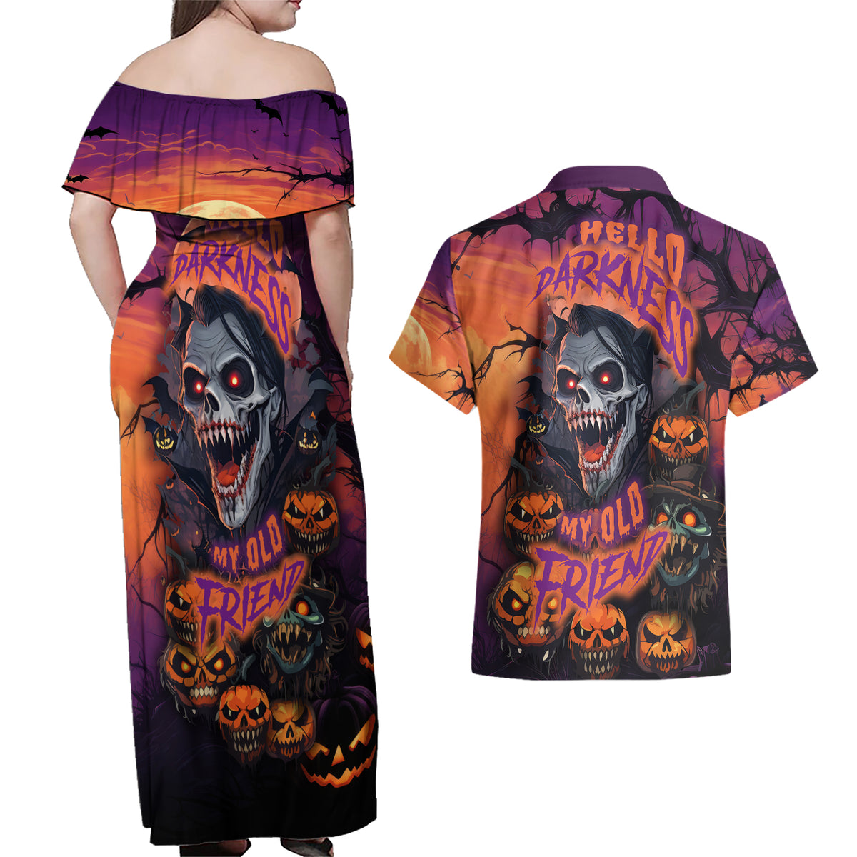 Halloween Skull Couples Matching Off Shoulder Maxi Dress and Hawaiian Shirt Hello Darkness My Old Friend - Wonder Print Shop