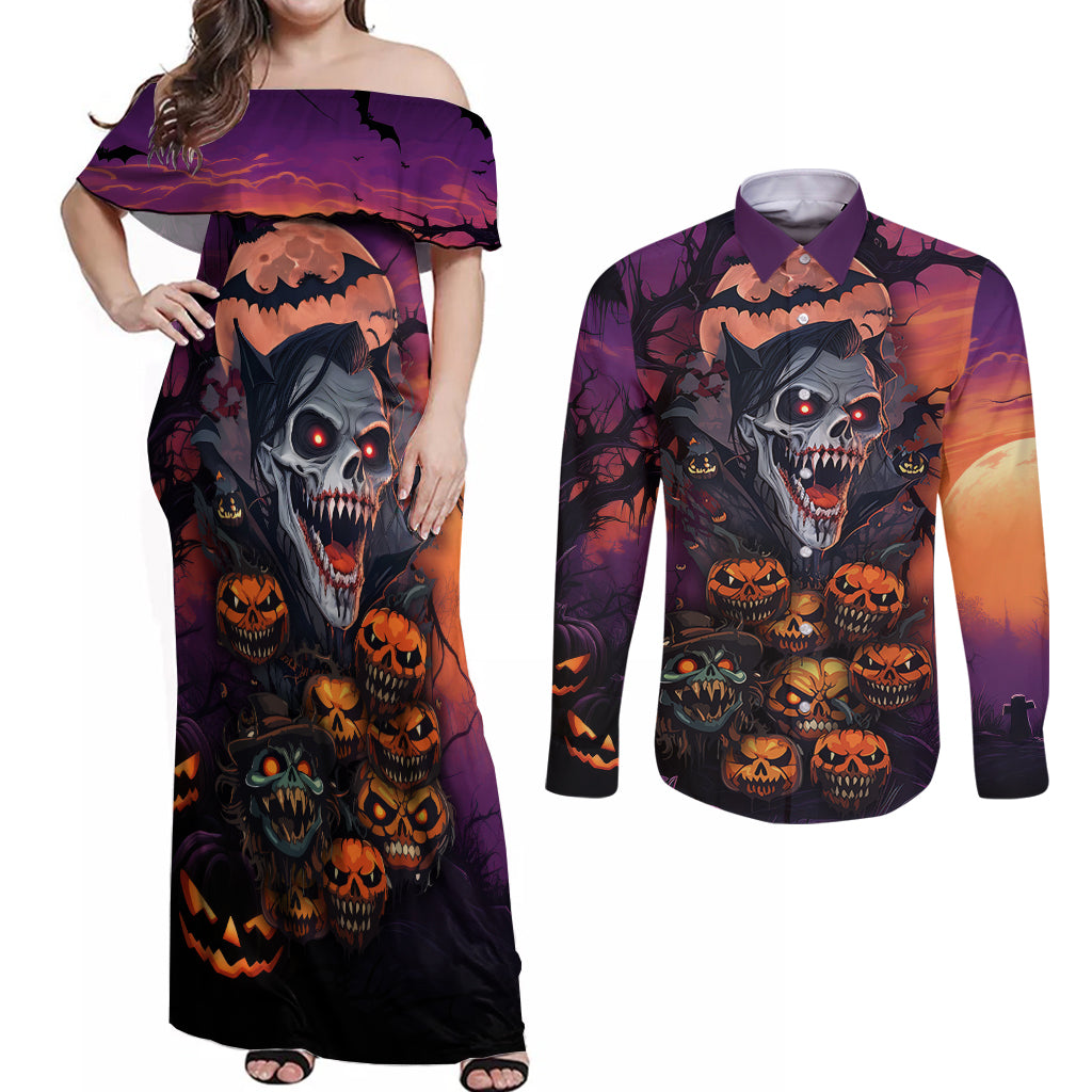 Halloween Skull Couples Matching Off Shoulder Maxi Dress and Long Sleeve Button Shirts Hello Darkness My Old Friend - Wonder Print Shop