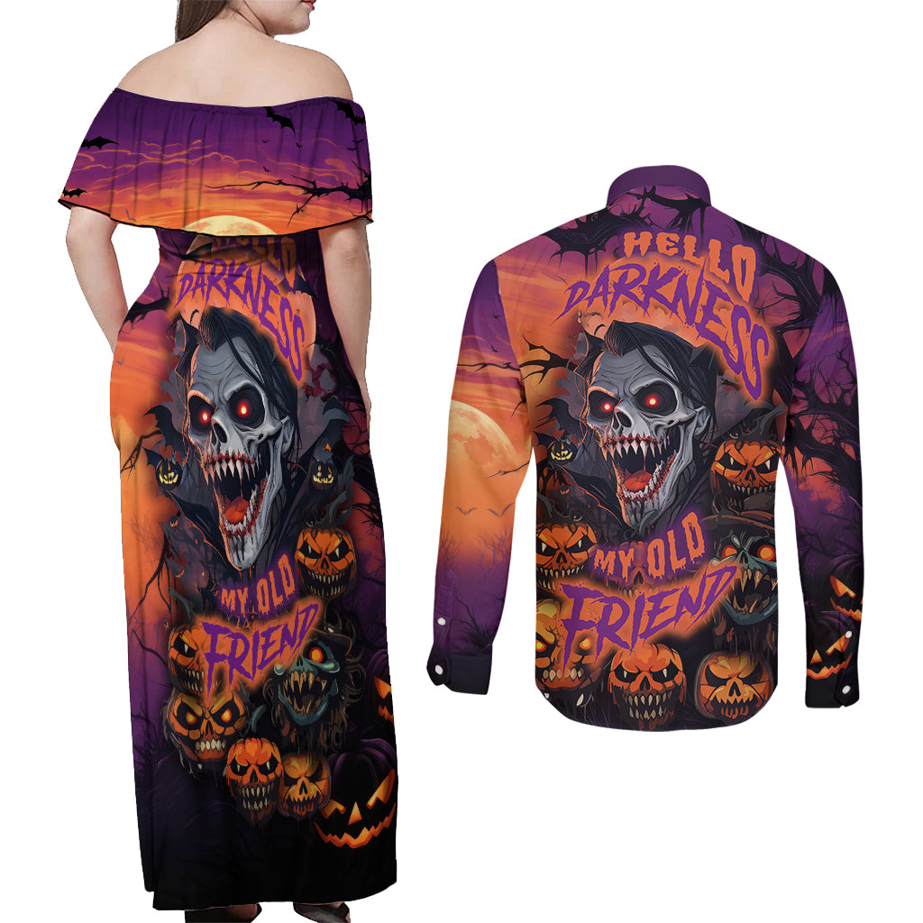 Halloween Skull Couples Matching Off Shoulder Maxi Dress and Long Sleeve Button Shirts Hello Darkness My Old Friend - Wonder Print Shop