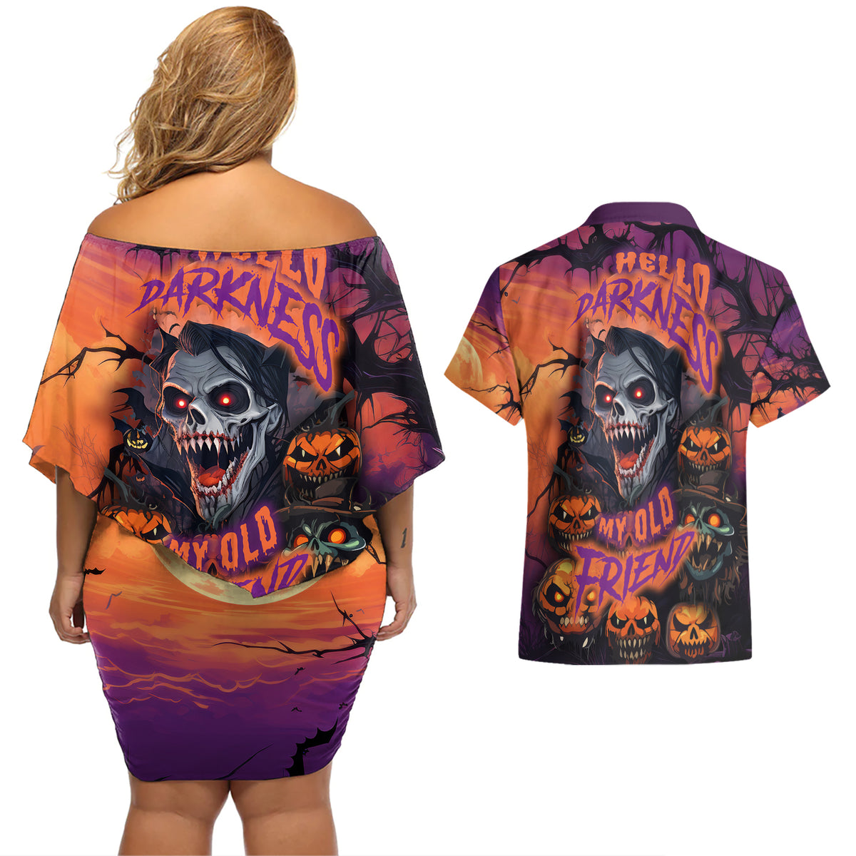 Halloween Skull Couples Matching Off Shoulder Short Dress and Hawaiian Shirt Hello Darkness My Old Friend - Wonder Print Shop