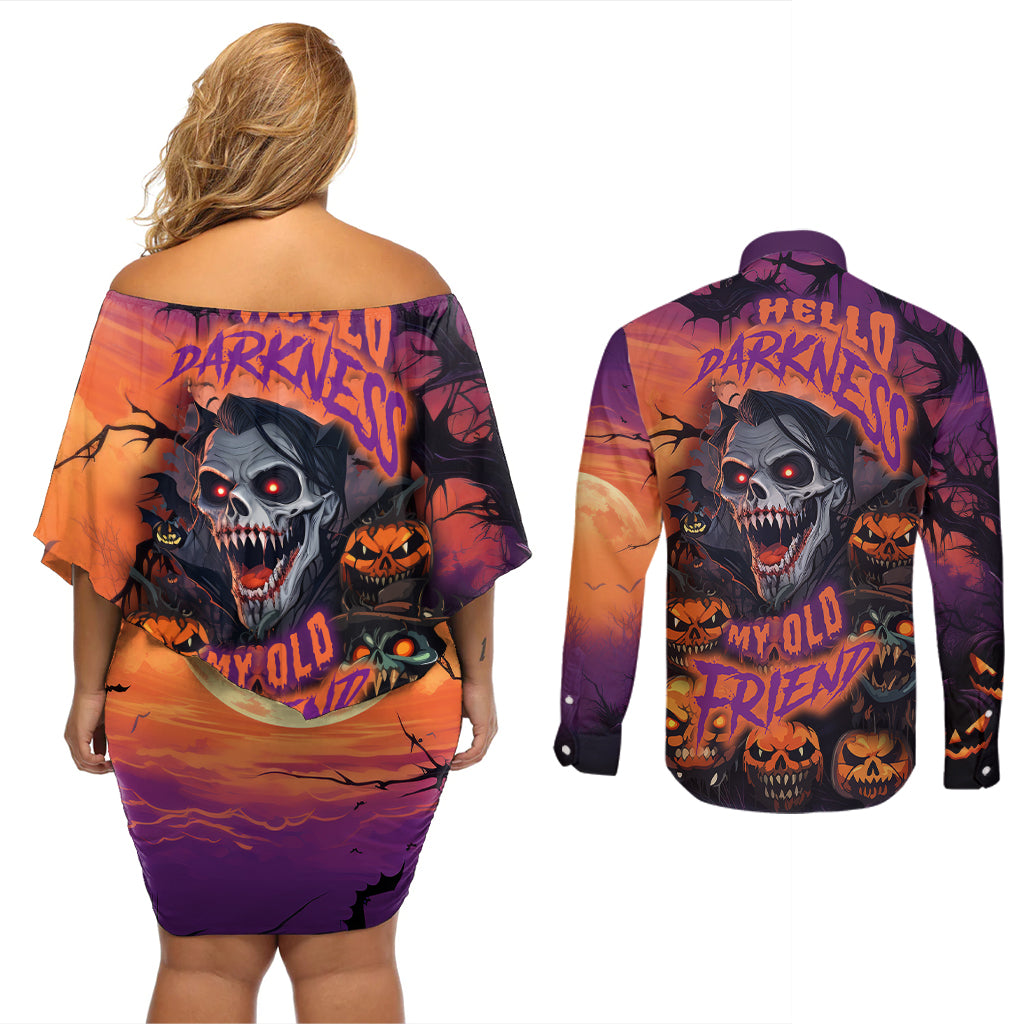 Halloween Skull Couples Matching Off Shoulder Short Dress and Long Sleeve Button Shirts Hello Darkness My Old Friend - Wonder Print Shop
