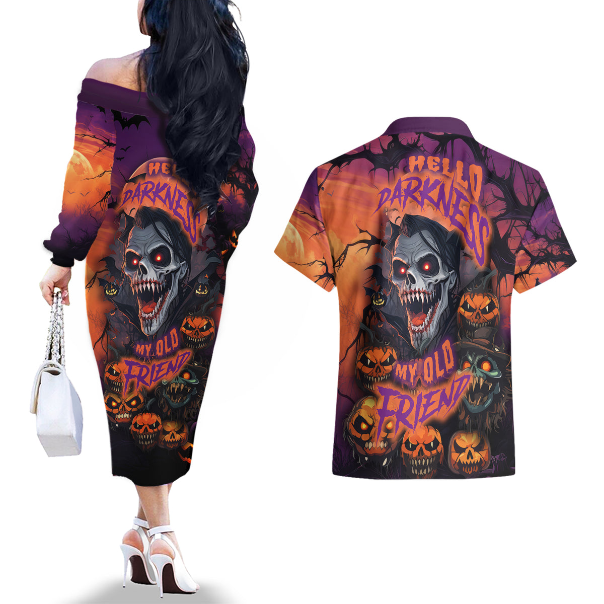 Halloween Skull Couples Matching Off The Shoulder Long Sleeve Dress and Hawaiian Shirt Hello Darkness My Old Friend - Wonder Print Shop