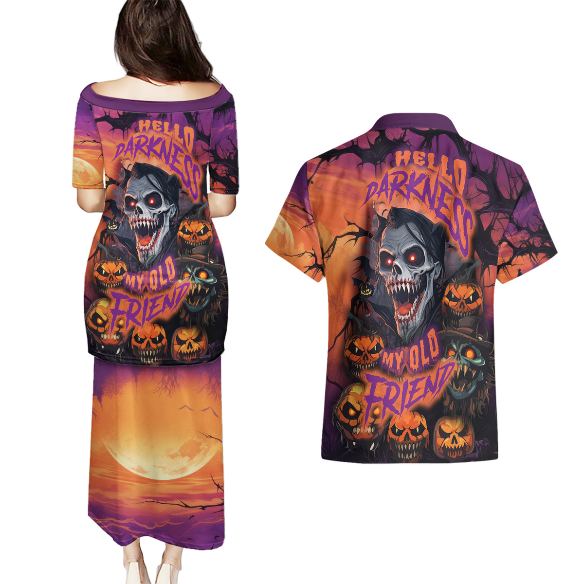 Halloween Skull Couples Matching Puletasi Dress and Hawaiian Shirt Hello Darkness My Old Friend - Wonder Print Shop