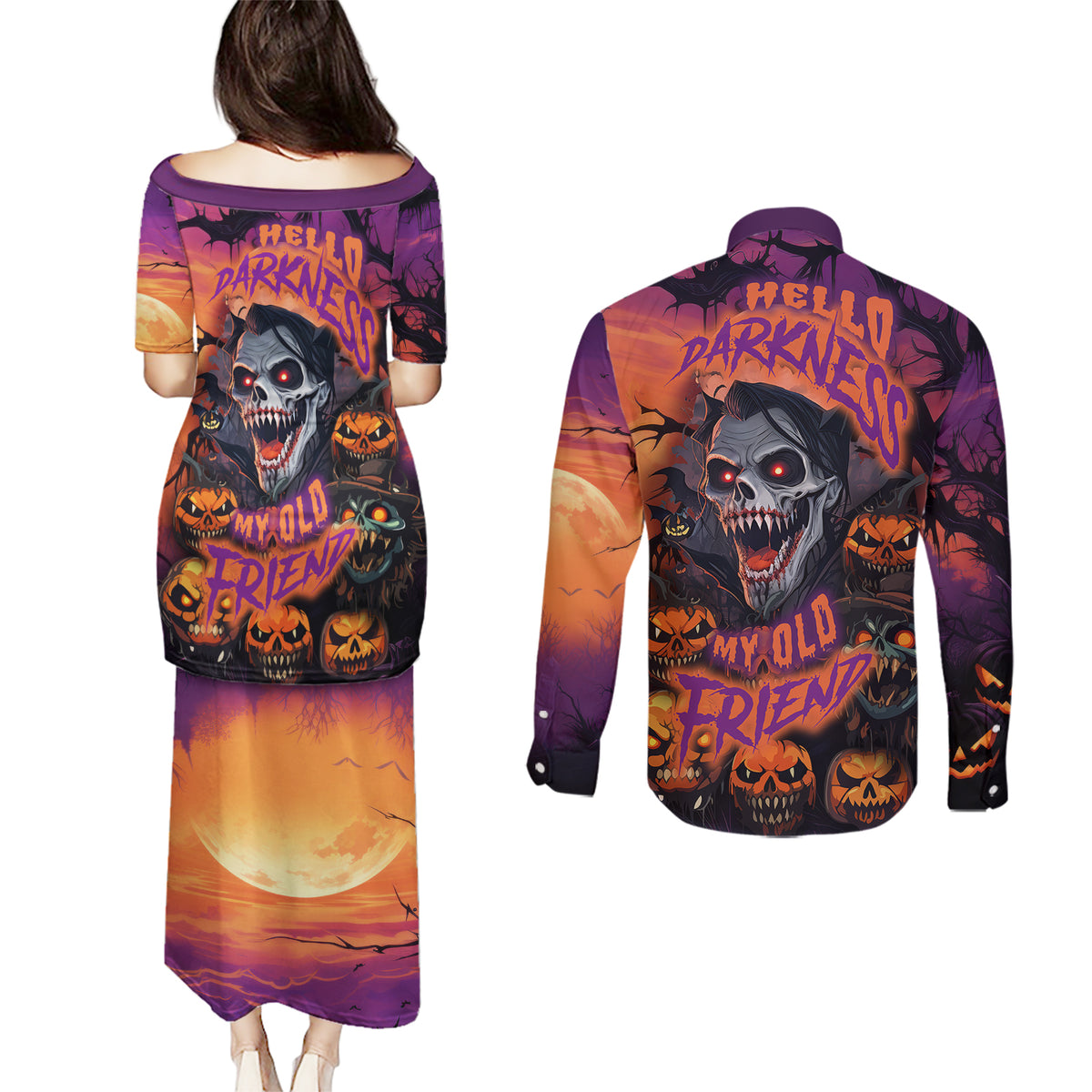 Halloween Skull Couples Matching Puletasi Dress and Long Sleeve Button Shirts Hello Darkness My Old Friend - Wonder Print Shop