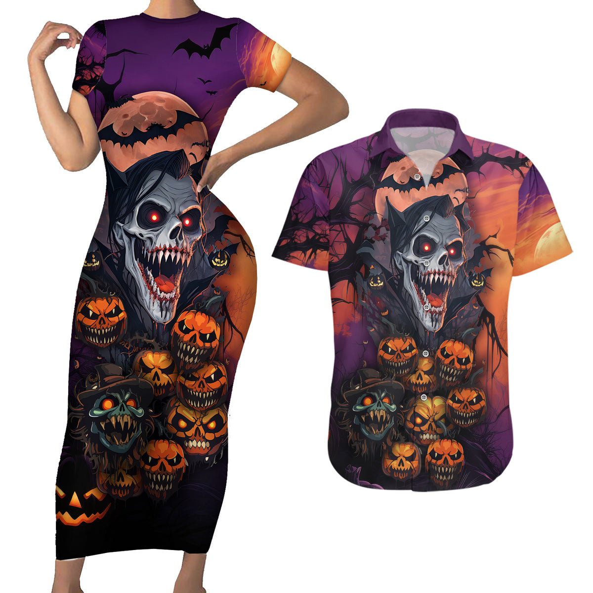 Halloween Skull Couples Matching Short Sleeve Bodycon Dress and Hawaiian Shirt Hello Darkness My Old Friend - Wonder Print Shop