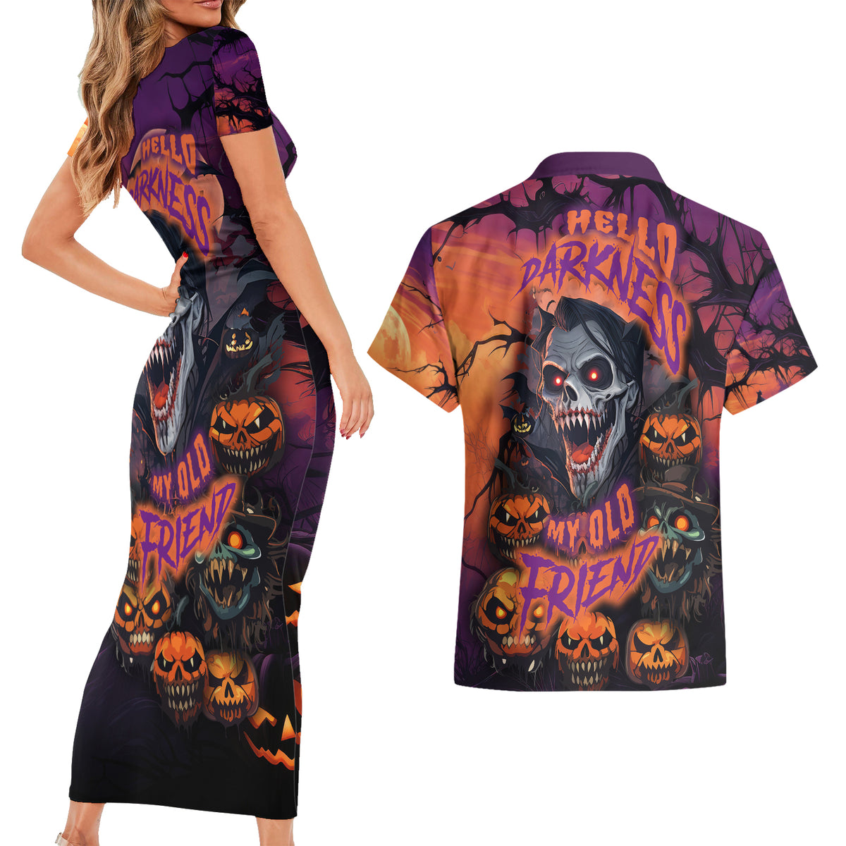 Halloween Skull Couples Matching Short Sleeve Bodycon Dress and Hawaiian Shirt Hello Darkness My Old Friend - Wonder Print Shop
