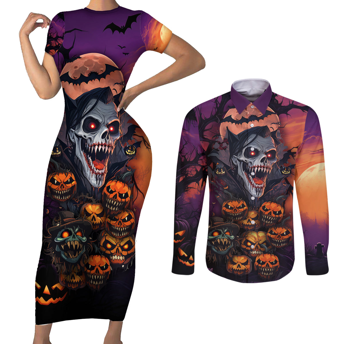 Halloween Skull Couples Matching Short Sleeve Bodycon Dress and Long Sleeve Button Shirts Hello Darkness My Old Friend - Wonder Print Shop