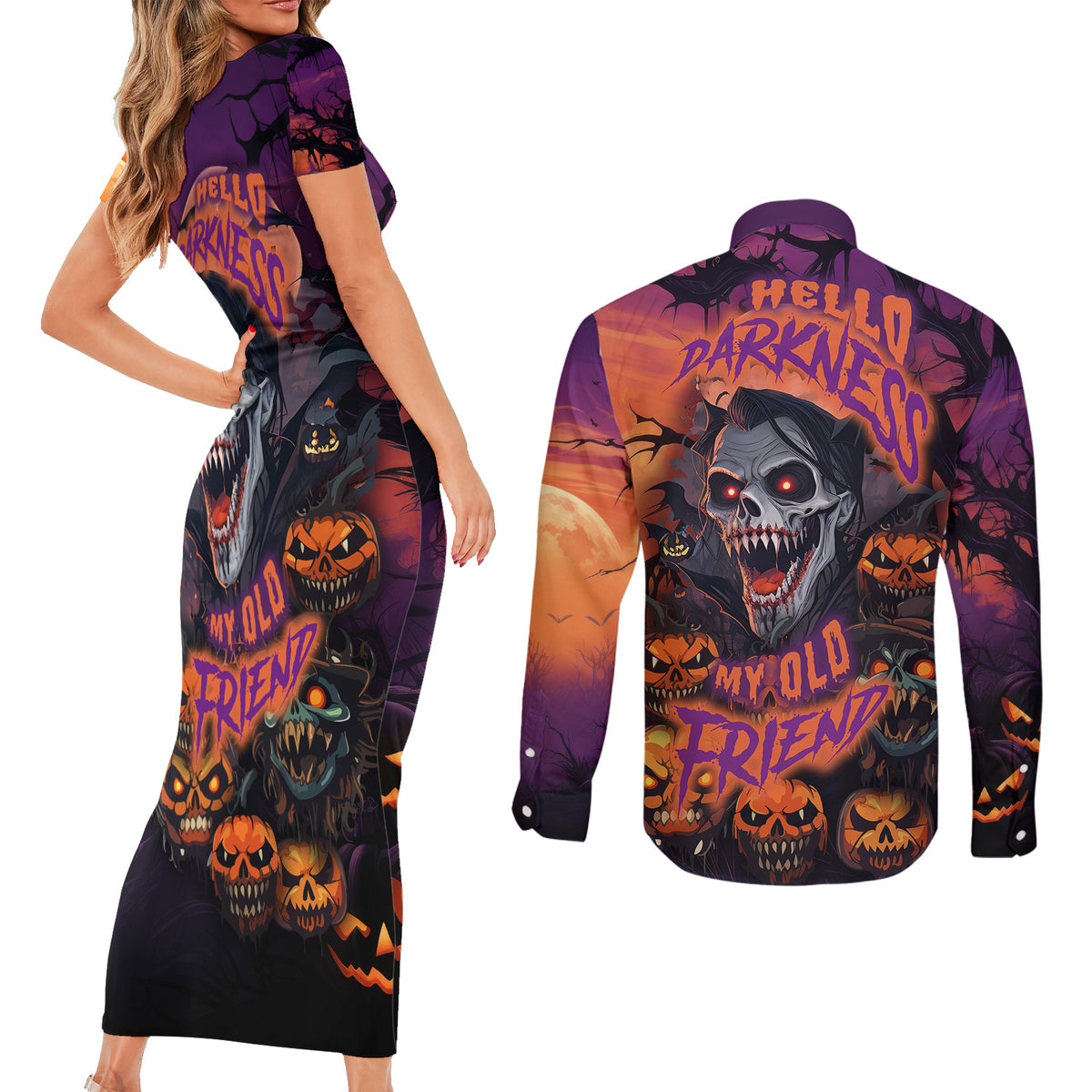 Halloween Skull Couples Matching Short Sleeve Bodycon Dress and Long Sleeve Button Shirts Hello Darkness My Old Friend - Wonder Print Shop