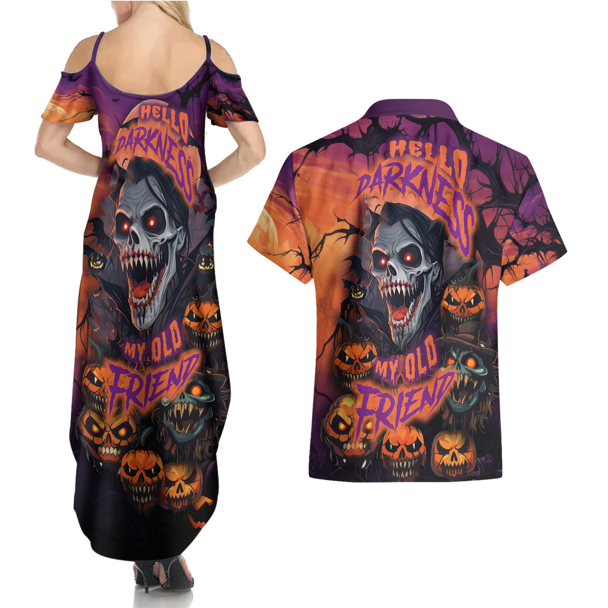 Halloween Skull Couples Matching Summer Maxi Dress and Hawaiian Shirt Hello Darkness My Old Friend - Wonder Print Shop