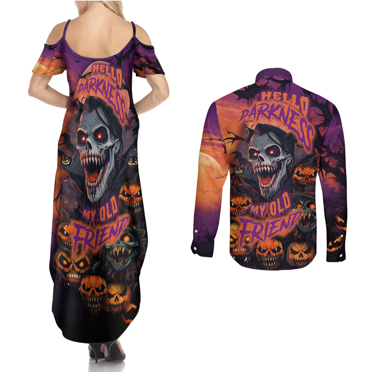 Halloween Skull Couples Matching Summer Maxi Dress and Long Sleeve Button Shirts Hello Darkness My Old Friend - Wonder Print Shop