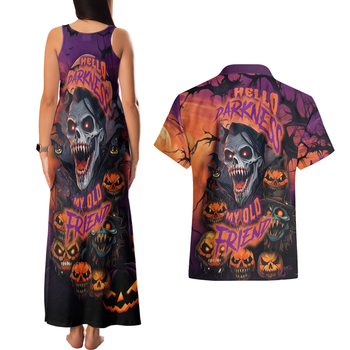 Halloween Skull Couples Matching Tank Maxi Dress and Hawaiian Shirt Hello Darkness My Old Friend - Wonder Print Shop