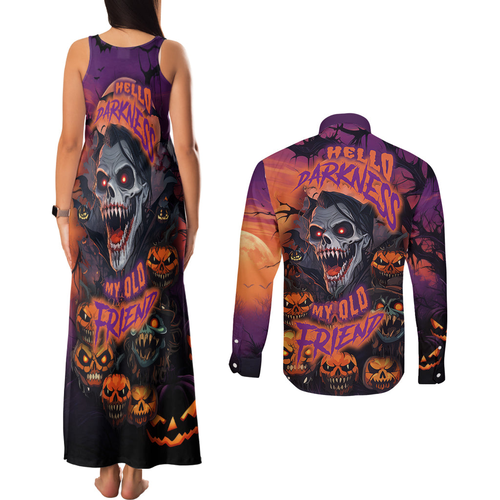 Halloween Skull Couples Matching Tank Maxi Dress and Long Sleeve Button Shirts Hello Darkness My Old Friend - Wonder Print Shop