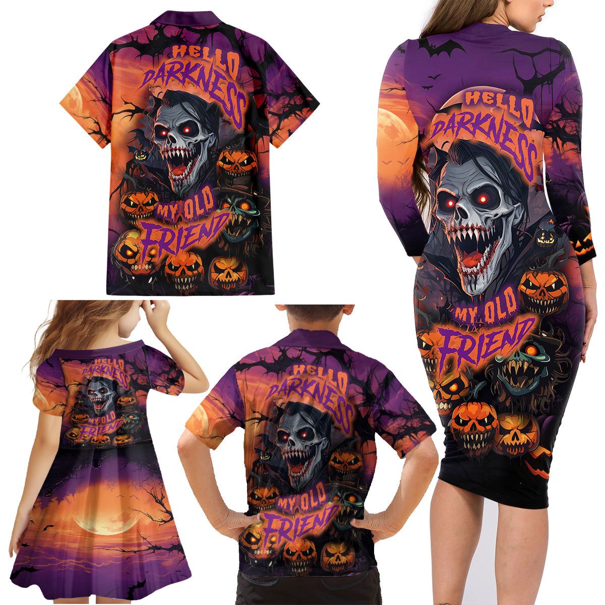 Halloween Skull Family Matching Long Sleeve Bodycon Dress and Hawaiian Shirt Hello Darkness My Old Friend - Wonder Print Shop