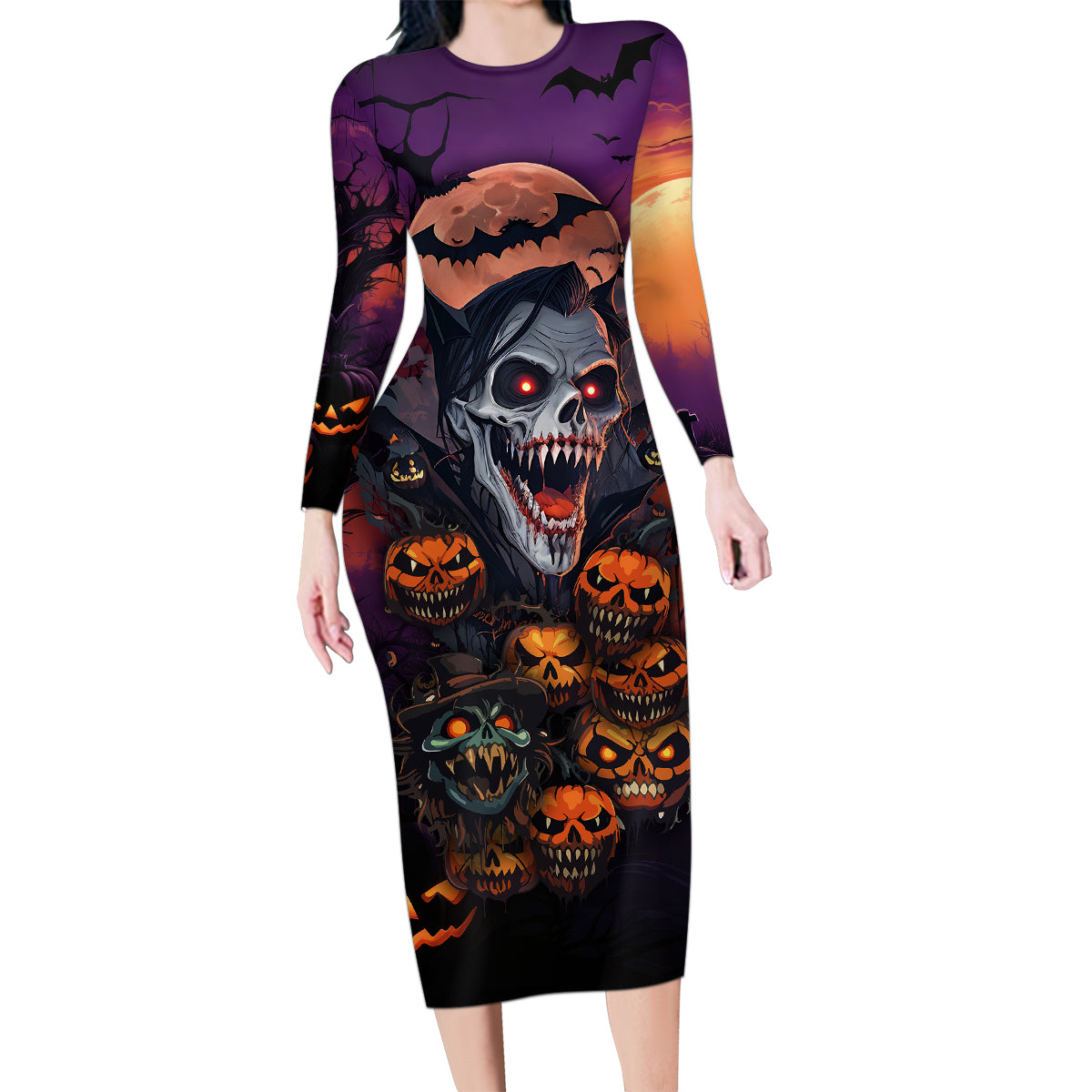 Halloween Skull Family Matching Long Sleeve Bodycon Dress and Hawaiian Shirt Hello Darkness My Old Friend - Wonder Print Shop
