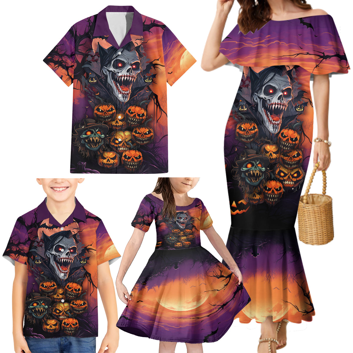Halloween Skull Family Matching Mermaid Dress and Hawaiian Shirt Hello Darkness My Old Friend - Wonder Print Shop