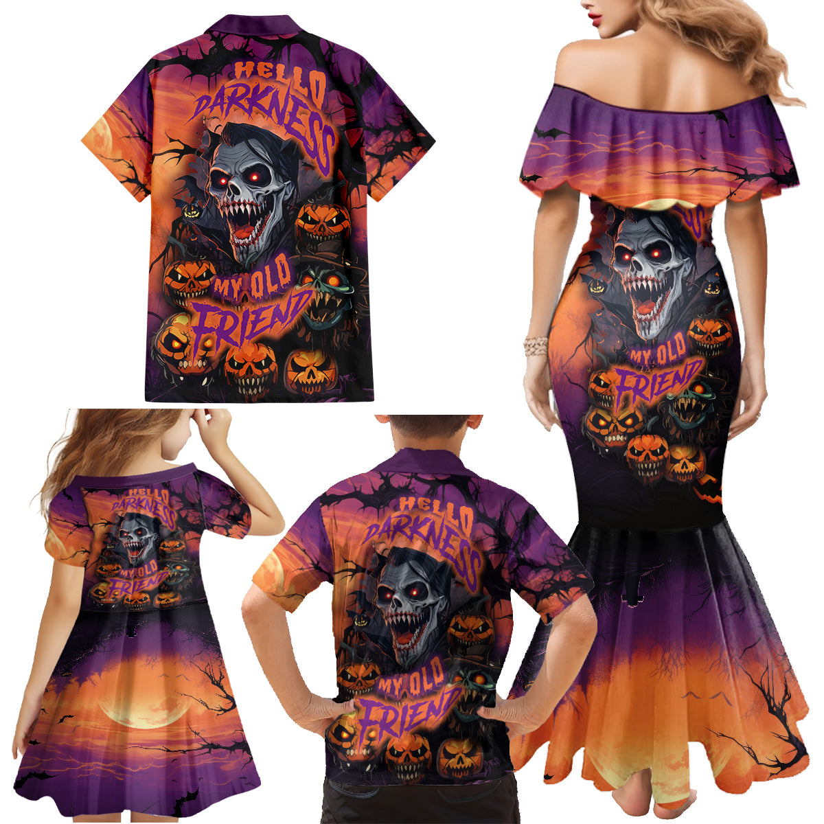 Halloween Skull Family Matching Mermaid Dress and Hawaiian Shirt Hello Darkness My Old Friend - Wonder Print Shop