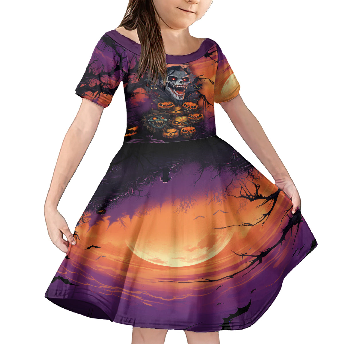 Halloween Skull Family Matching Off Shoulder Long Sleeve Dress and Hawaiian Shirt Hello Darkness My Old Friend - Wonder Print Shop