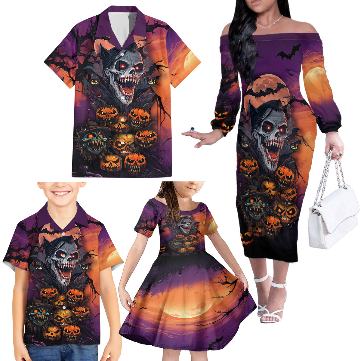 Halloween Skull Family Matching Off Shoulder Long Sleeve Dress and Hawaiian Shirt Hello Darkness My Old Friend - Wonder Print Shop