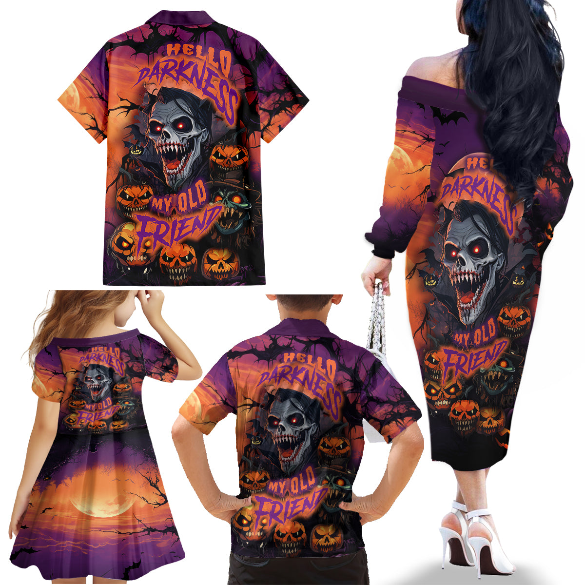 Halloween Skull Family Matching Off Shoulder Long Sleeve Dress and Hawaiian Shirt Hello Darkness My Old Friend - Wonder Print Shop