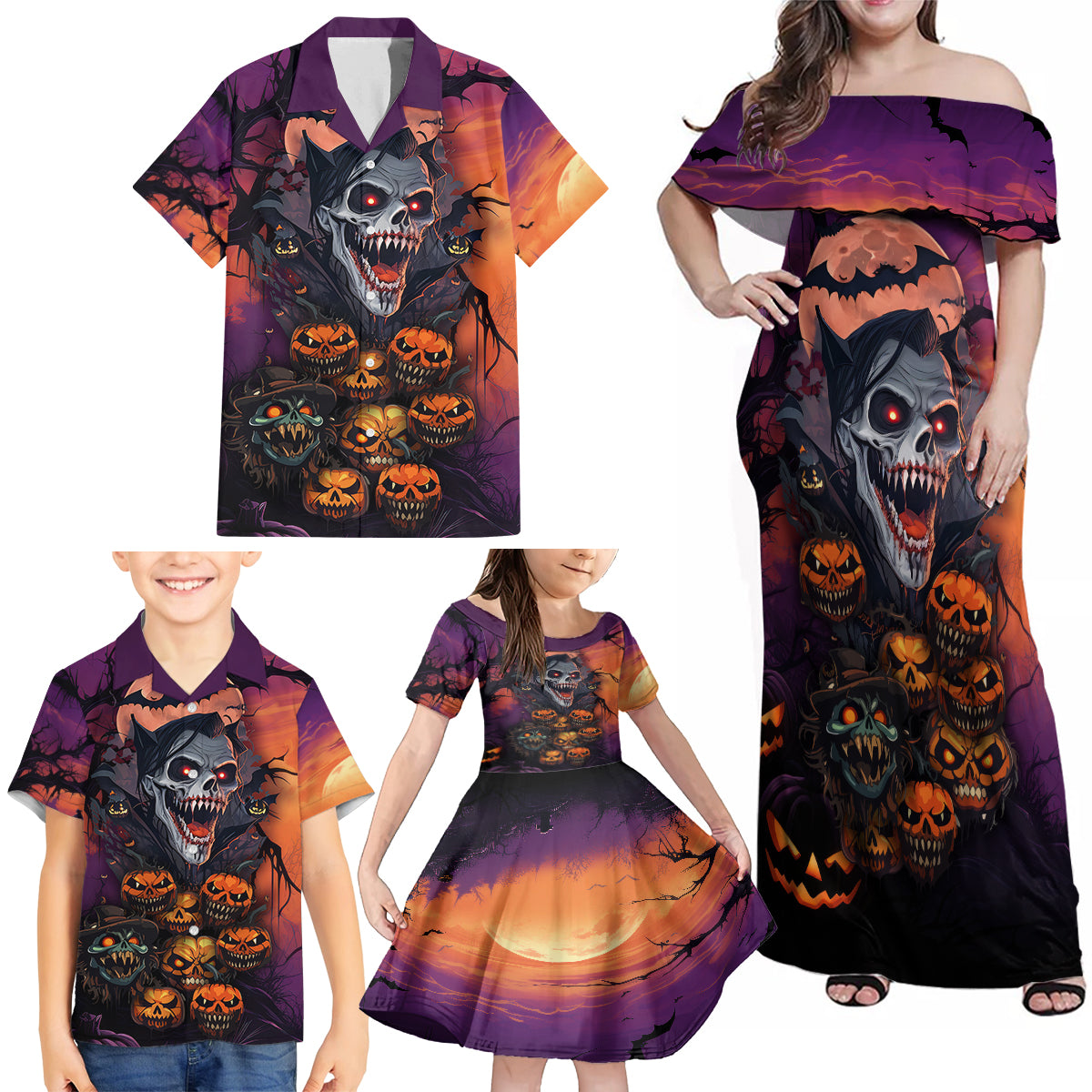 Halloween Skull Family Matching Off Shoulder Maxi Dress and Hawaiian Shirt Hello Darkness My Old Friend - Wonder Print Shop