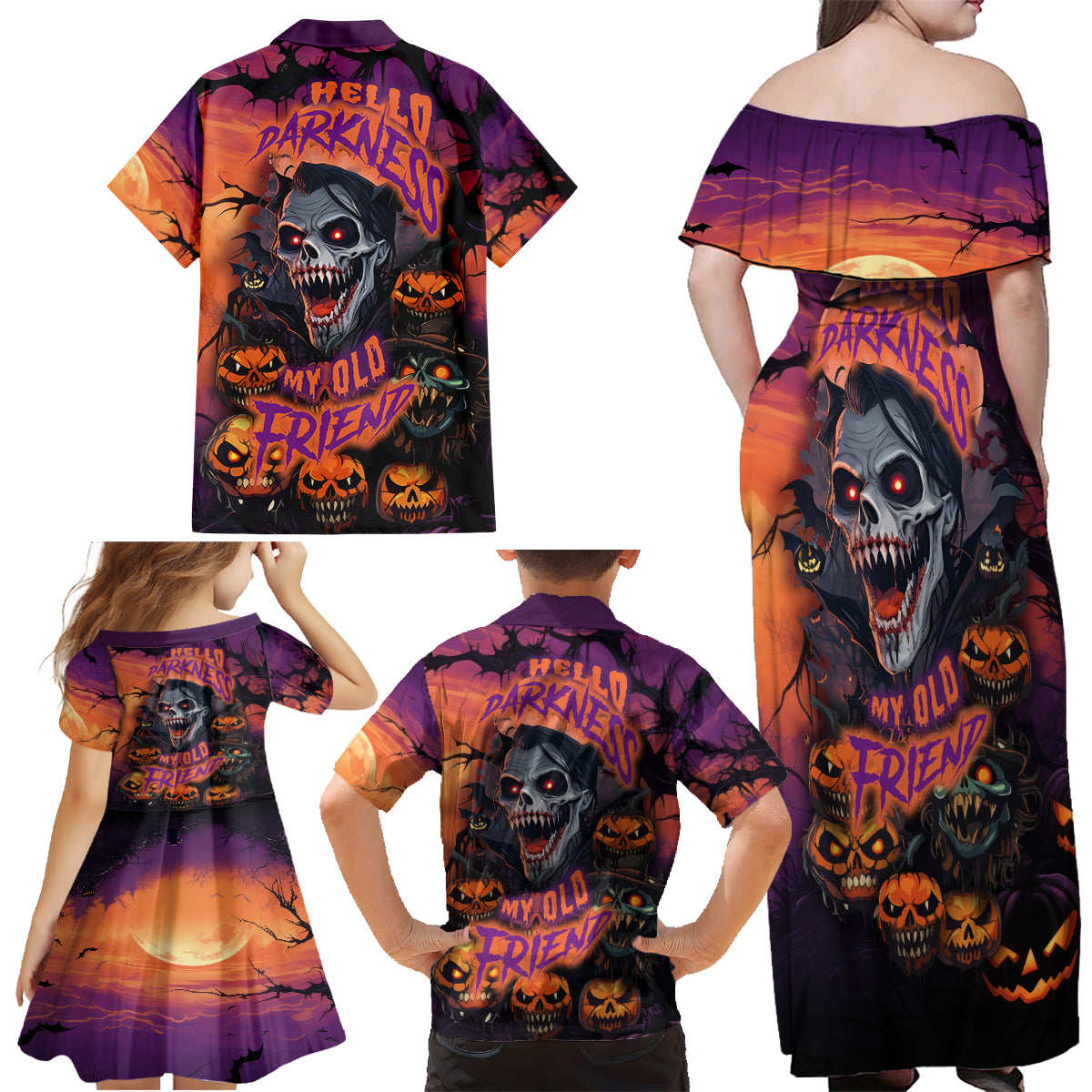 Halloween Skull Family Matching Off Shoulder Maxi Dress and Hawaiian Shirt Hello Darkness My Old Friend - Wonder Print Shop
