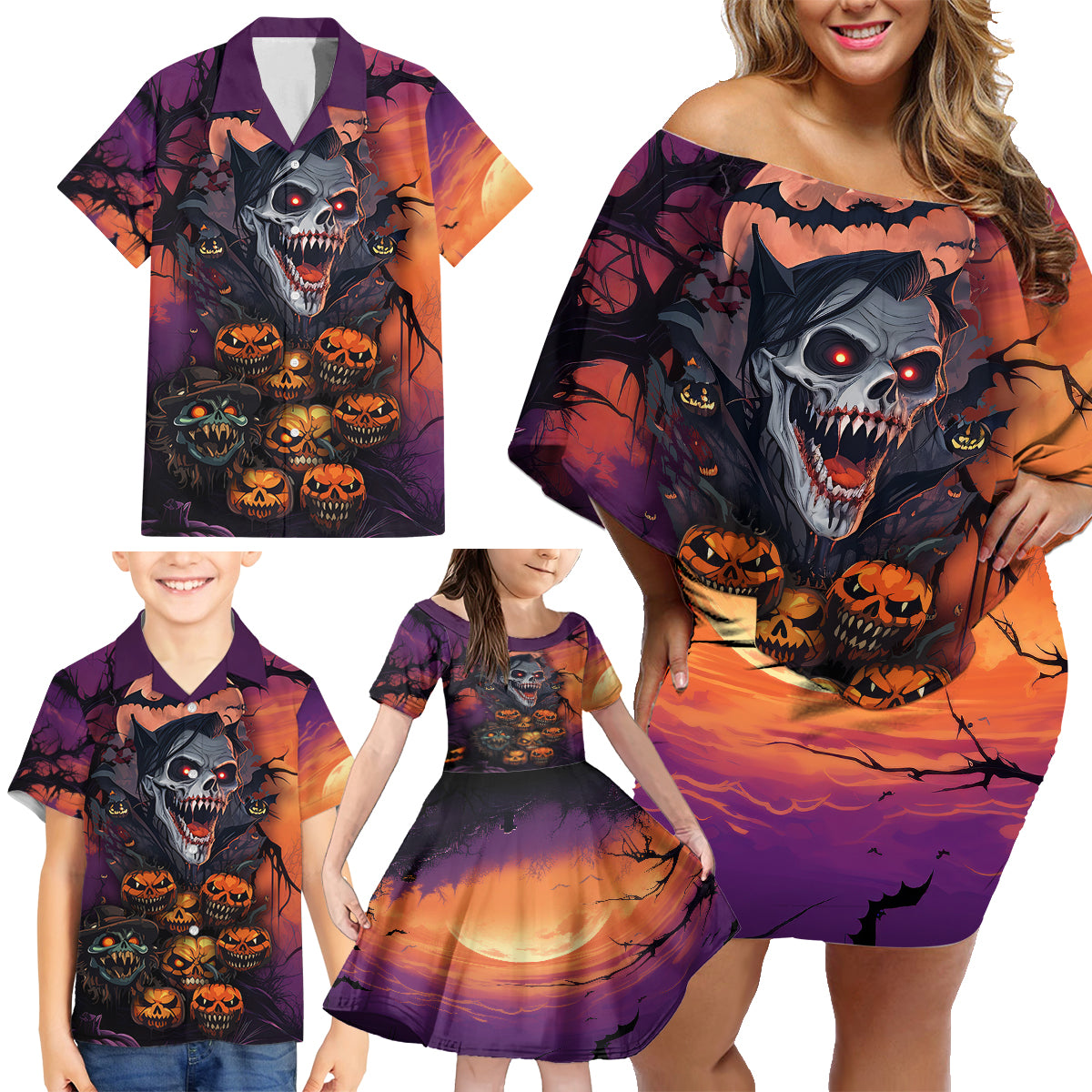 Halloween Skull Family Matching Off Shoulder Short Dress and Hawaiian Shirt Hello Darkness My Old Friend - Wonder Print Shop