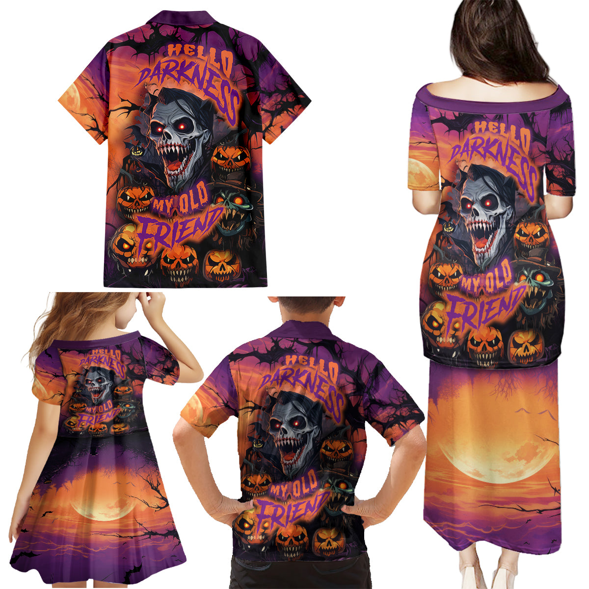 Halloween Skull Family Matching Puletasi Dress and Hawaiian Shirt Hello Darkness My Old Friend - Wonder Print Shop