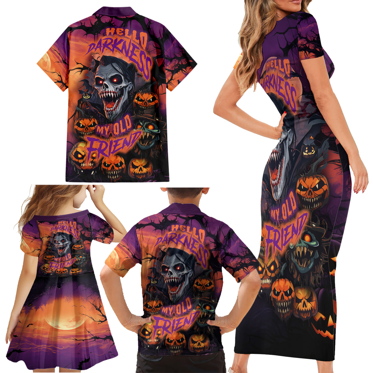 Halloween Skull Family Matching Short Sleeve Bodycon Dress and Hawaiian Shirt Hello Darkness My Old Friend - Wonder Print Shop