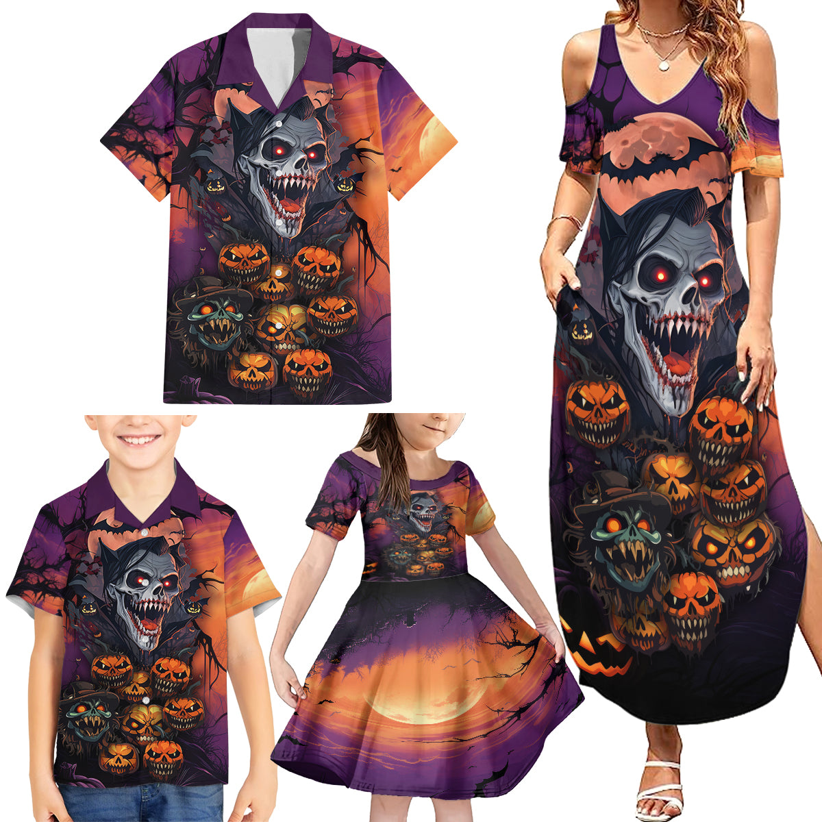 Halloween Skull Family Matching Summer Maxi Dress and Hawaiian Shirt Hello Darkness My Old Friend - Wonder Print Shop