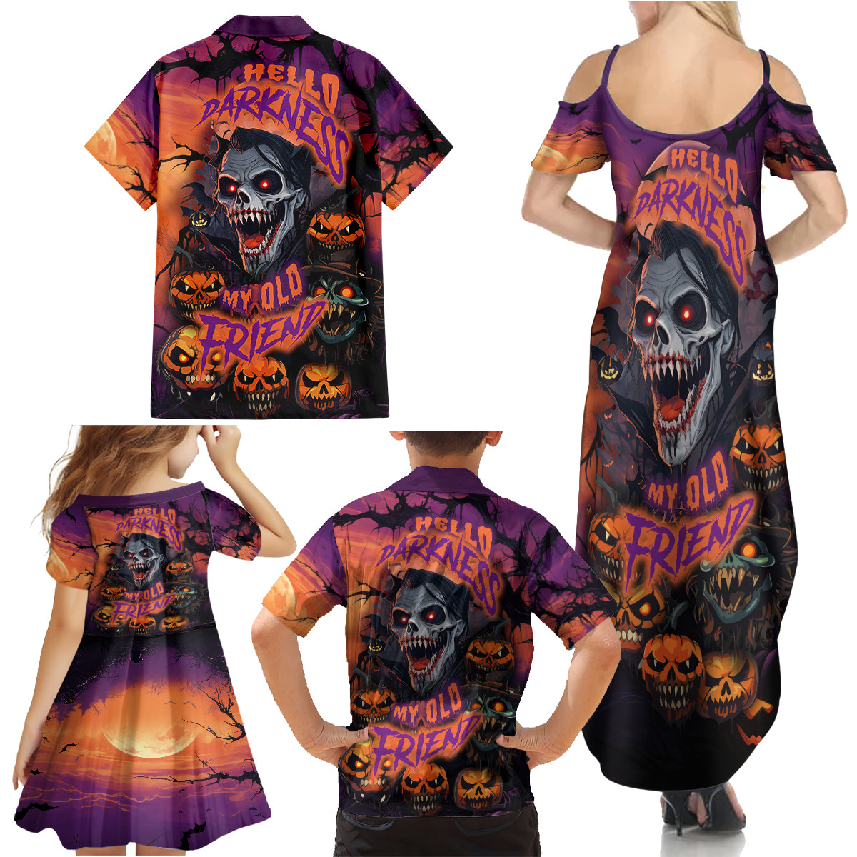 Halloween Skull Family Matching Summer Maxi Dress and Hawaiian Shirt Hello Darkness My Old Friend - Wonder Print Shop