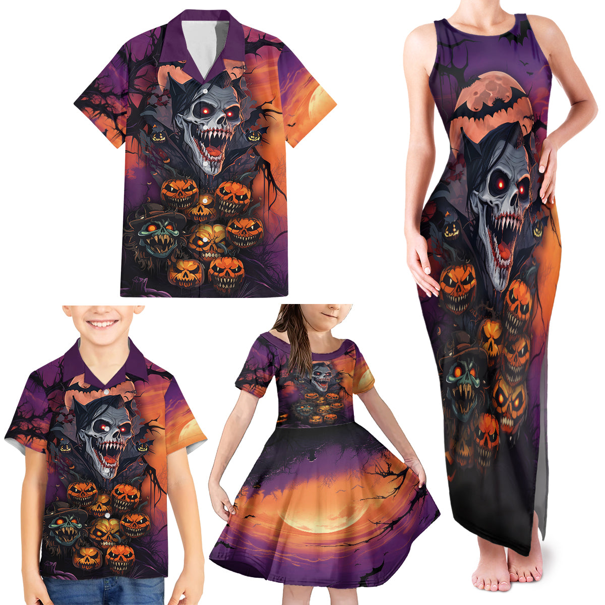 Halloween Skull Family Matching Tank Maxi Dress and Hawaiian Shirt Hello Darkness My Old Friend - Wonder Print Shop