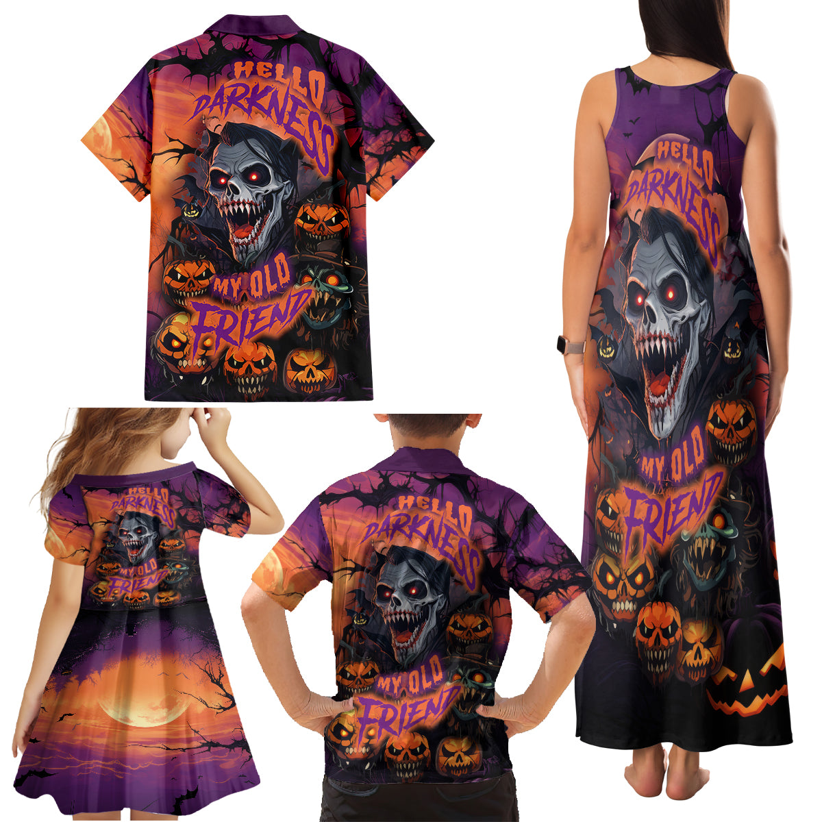 Halloween Skull Family Matching Tank Maxi Dress and Hawaiian Shirt Hello Darkness My Old Friend - Wonder Print Shop