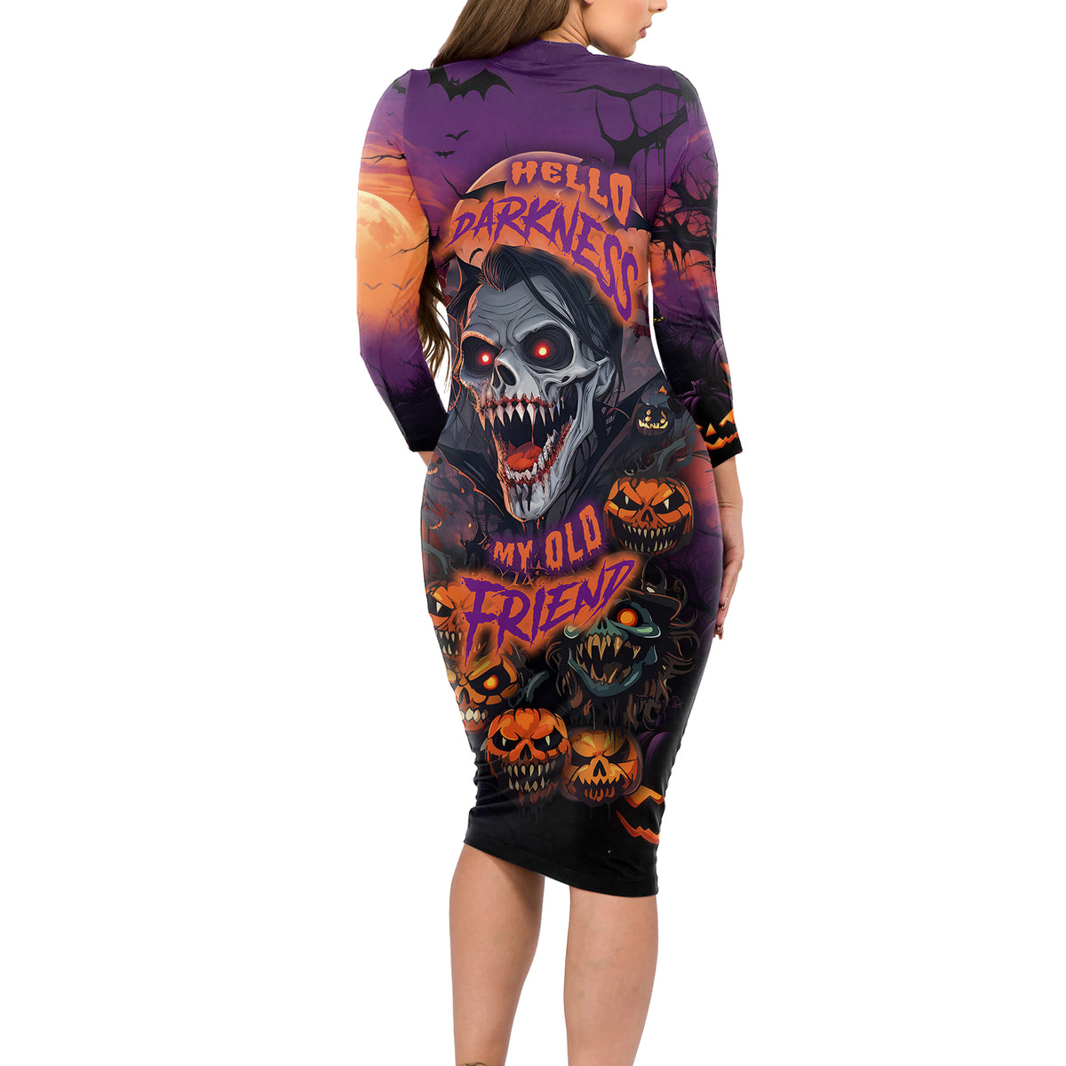 Halloween Skull Long Sleeve Bodycon Dress Hello Darkness My Old Friend - Wonder Print Shop