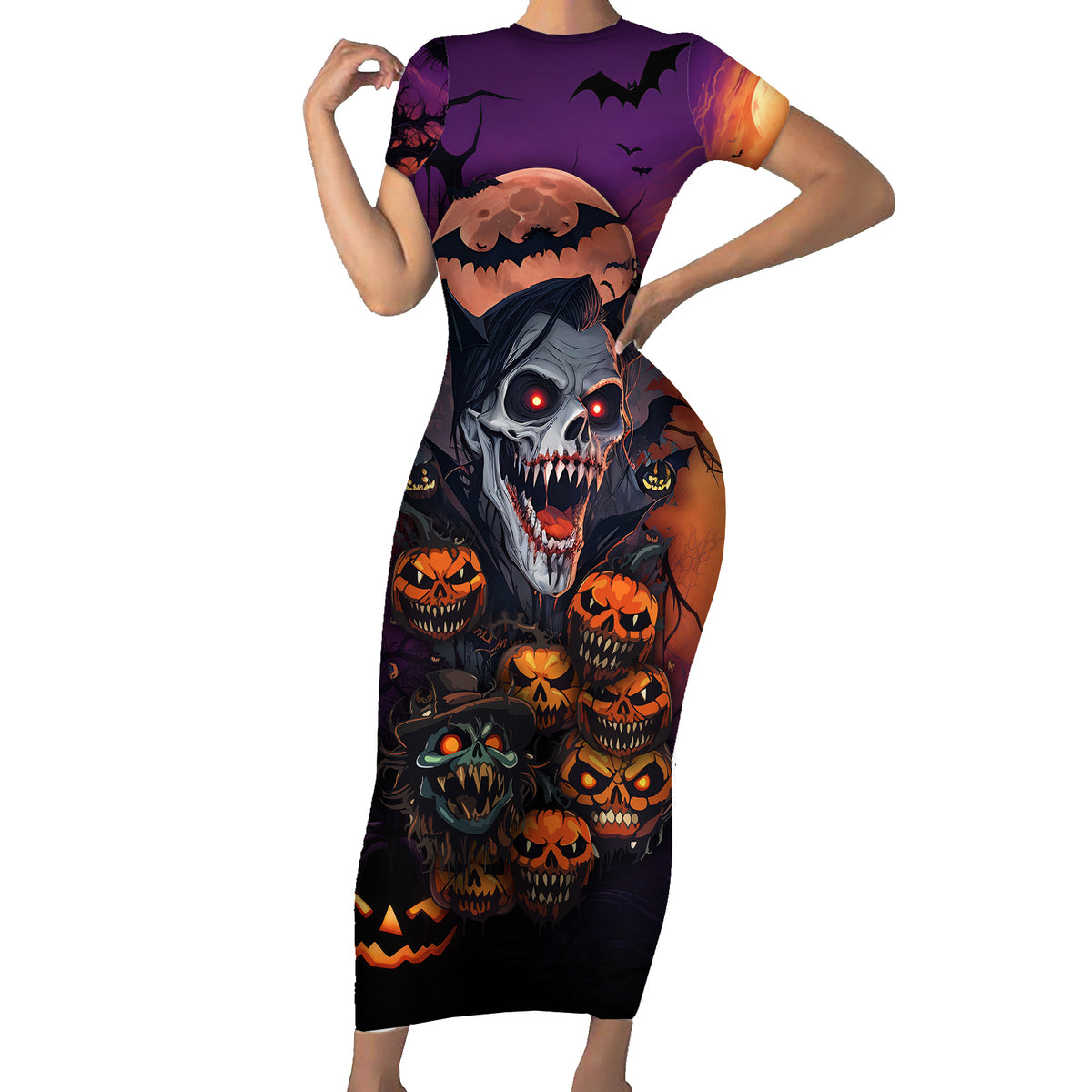 Halloween Skull Short Sleeve Bodycon Dress Hello Darkness My Old Friend - Wonder Print Shop