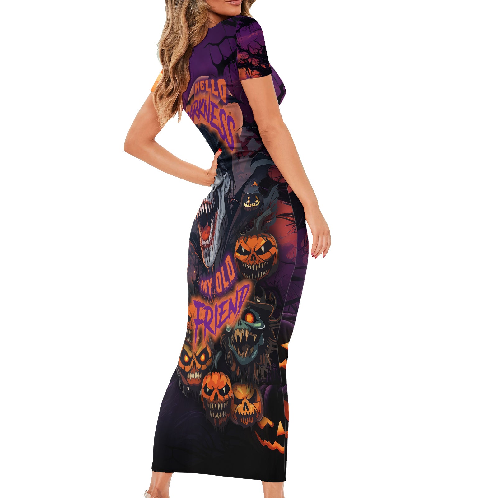 Halloween Skull Short Sleeve Bodycon Dress Hello Darkness My Old Friend - Wonder Print Shop