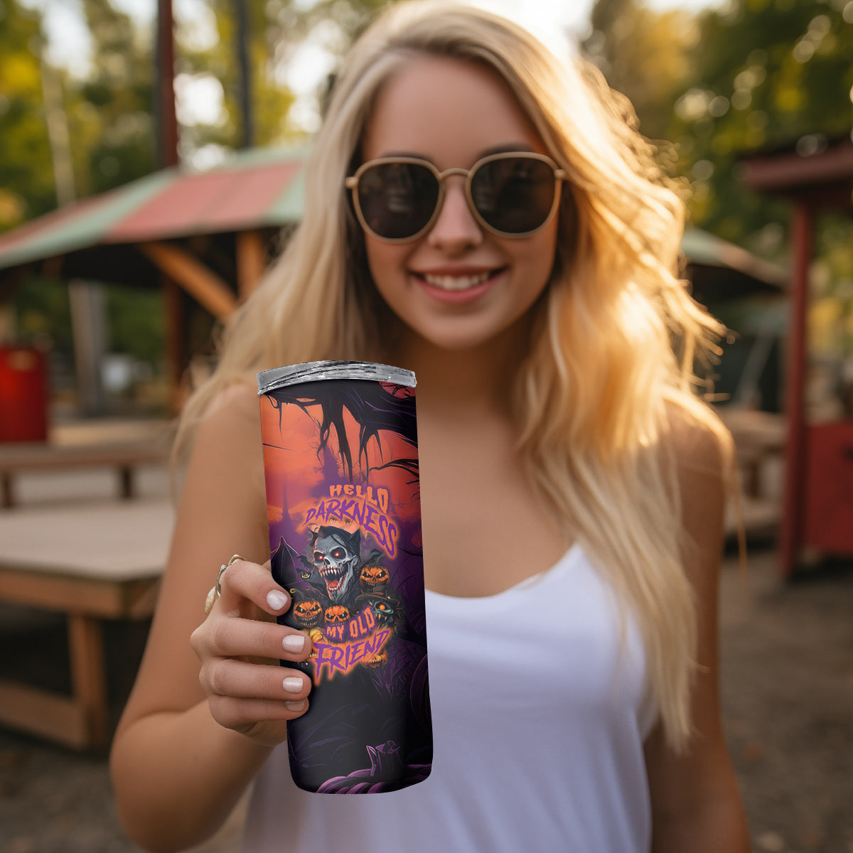 Halloween Skull Skinny Tumbler Hello Darkness My Old Friend - Wonder Print Shop