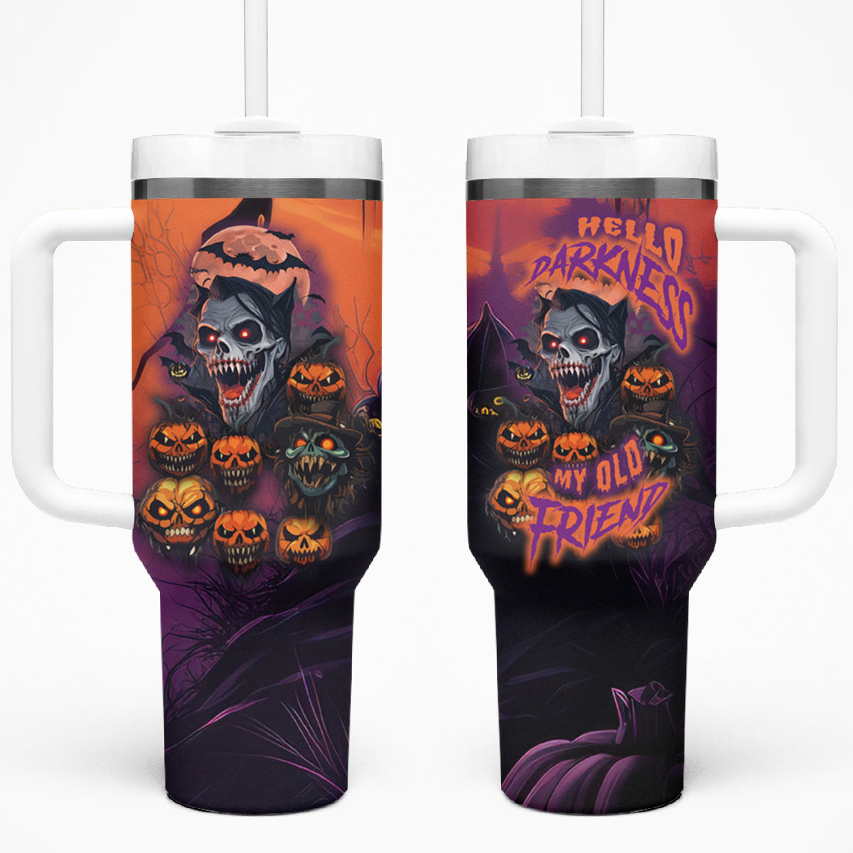 Halloween Skull Tumbler With Handle Hello Darkness My Old Friend - Wonder Print Shop
