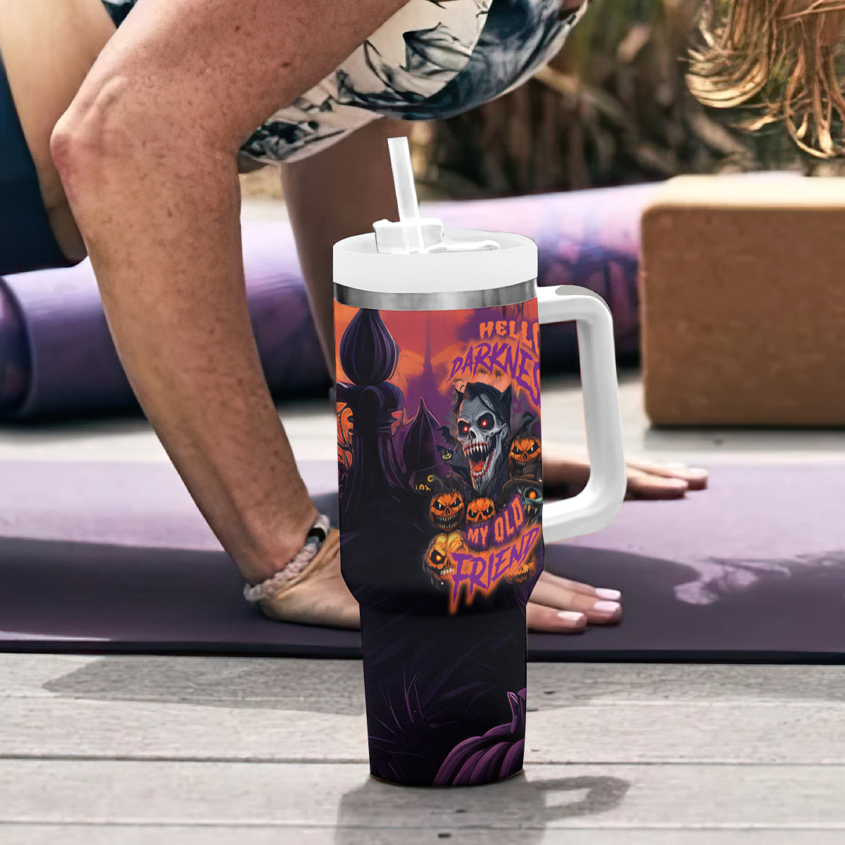 Halloween Skull Tumbler With Handle Hello Darkness My Old Friend - Wonder Print Shop
