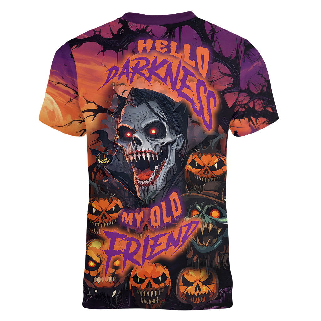 Halloween Skull Women V Neck T Shirt Hello Darkness My Old Friend - Wonder Print Shop