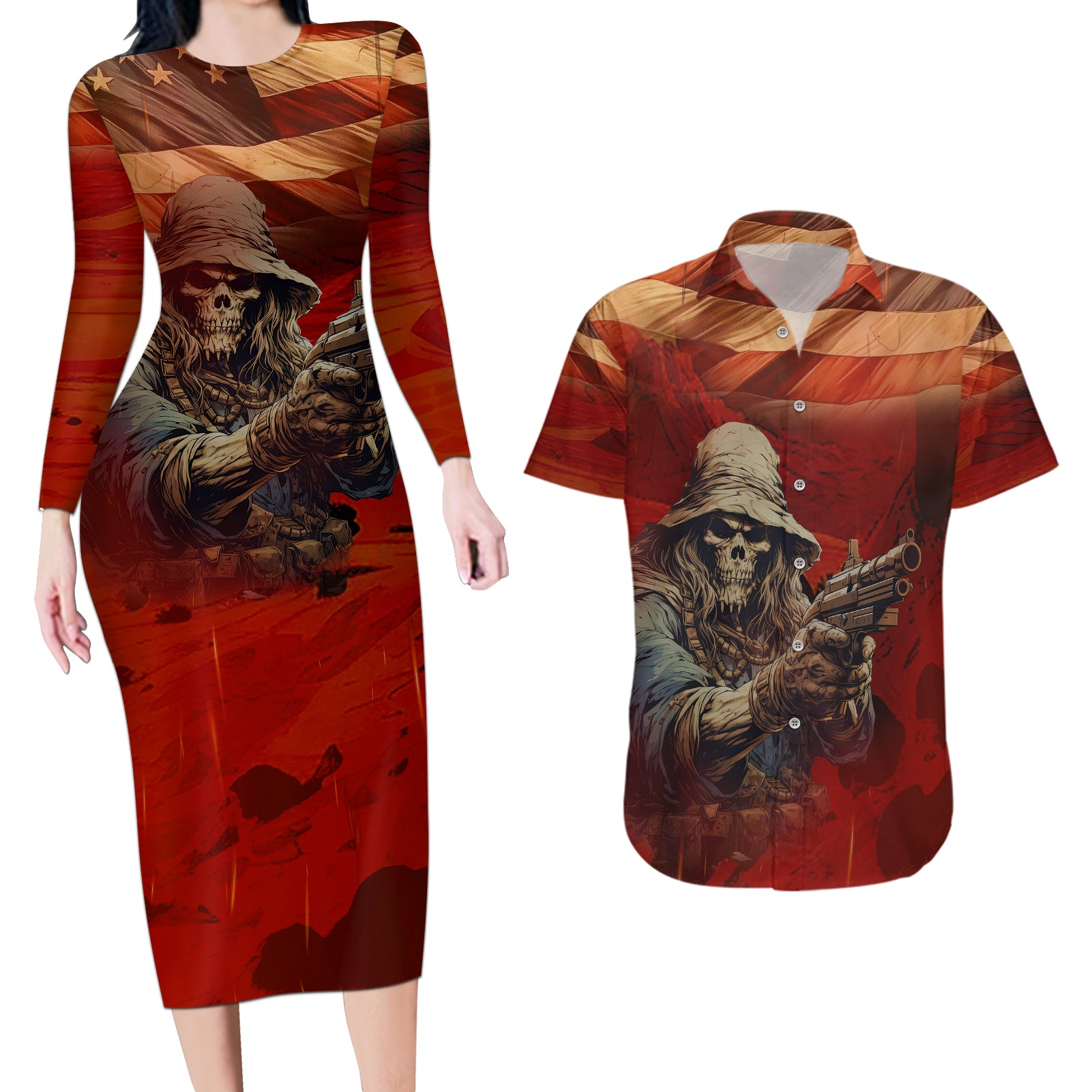 America Live It - Love It Or Get The Hell Out Couples Matching Long Sleeve Bodycon Dress and Hawaiian Shirt - Wonder Print Shop