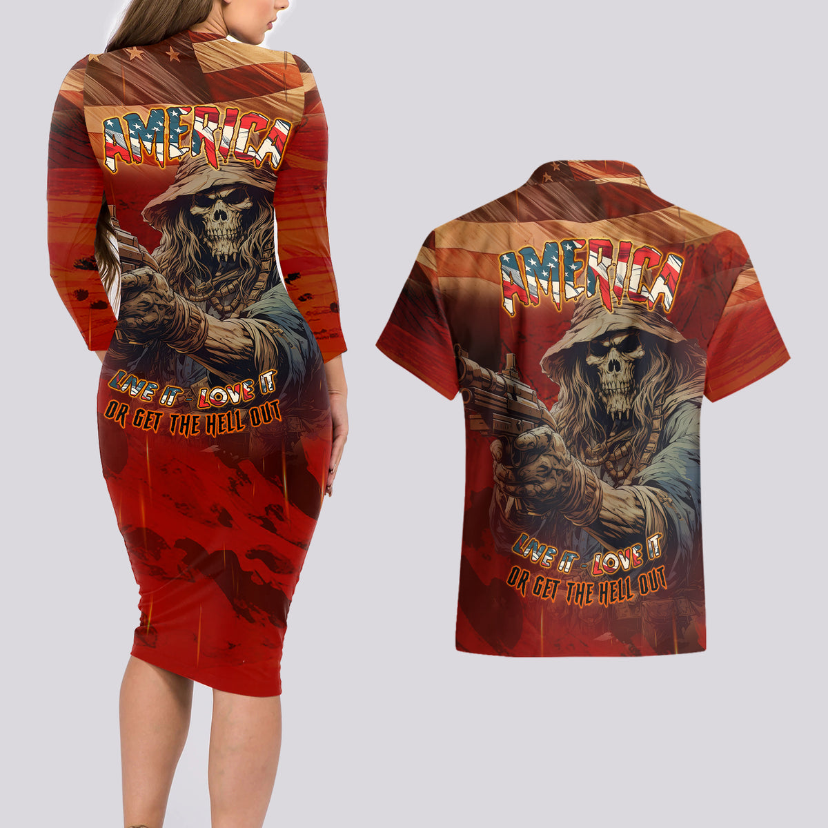 America Live It - Love It Or Get The Hell Out Couples Matching Long Sleeve Bodycon Dress and Hawaiian Shirt - Wonder Print Shop