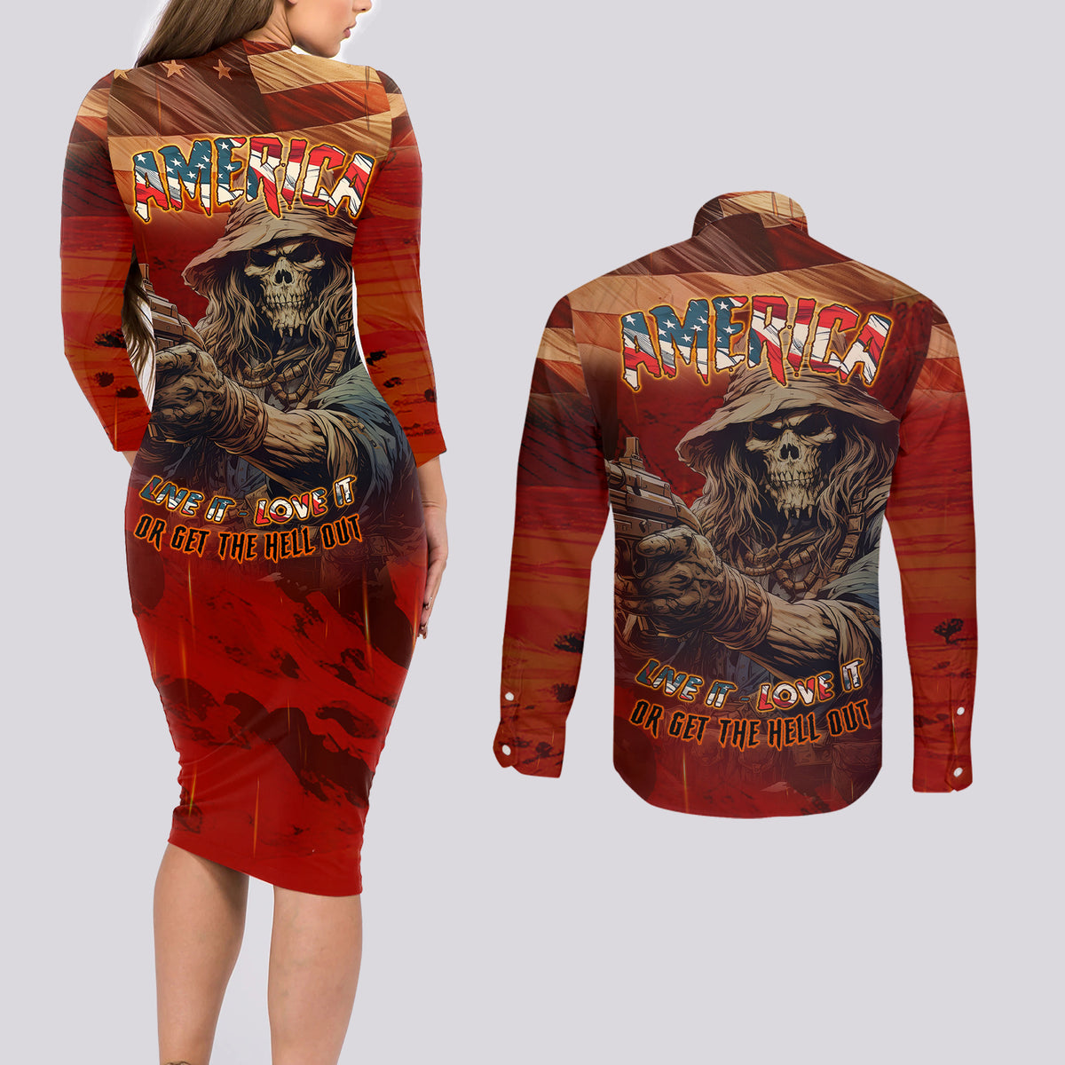 America Live It - Love It Or Get The Hell Out Couples Matching Long Sleeve Bodycon Dress and Long Sleeve Button Shirts - Wonder Print Shop
